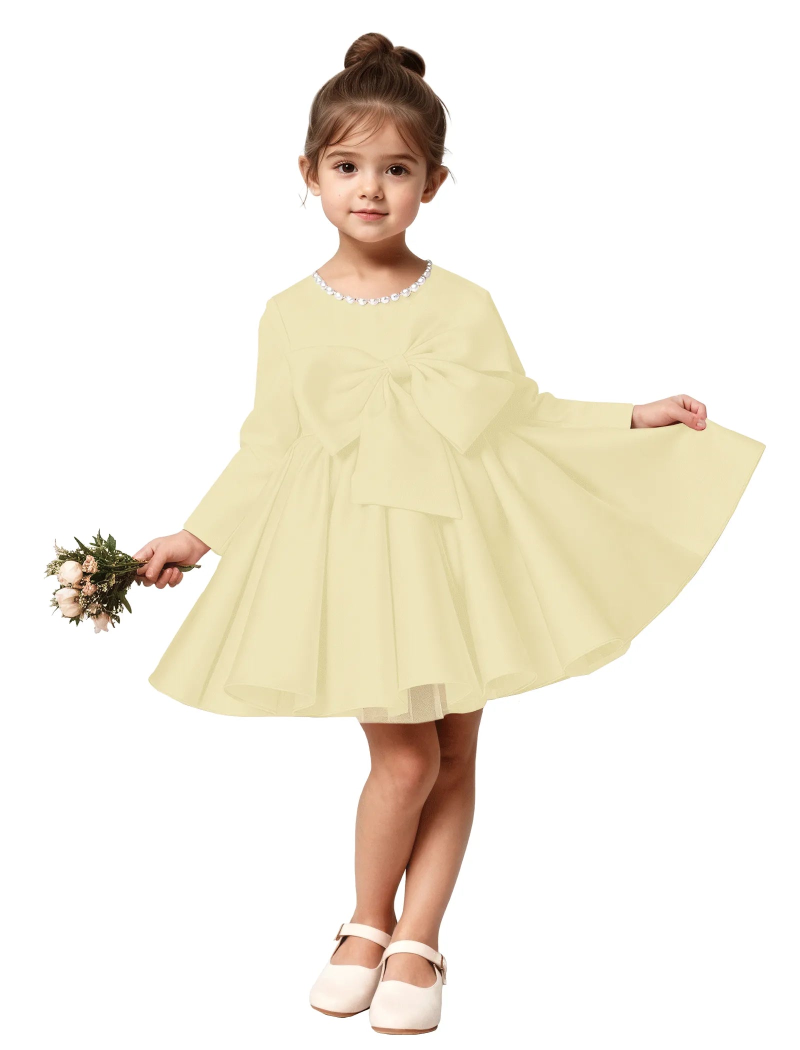 Girls Long Sleeve Satin Dress with Bow and Pearls