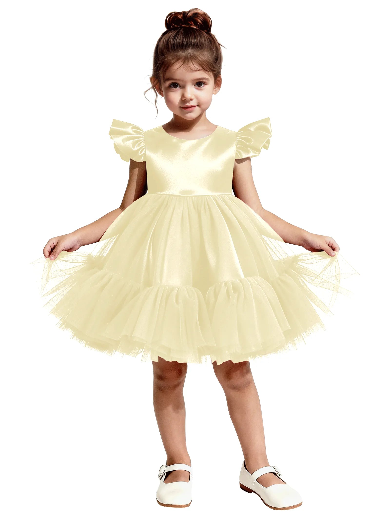 Puff Sleeve Satin Tulle Party Dress for Girls