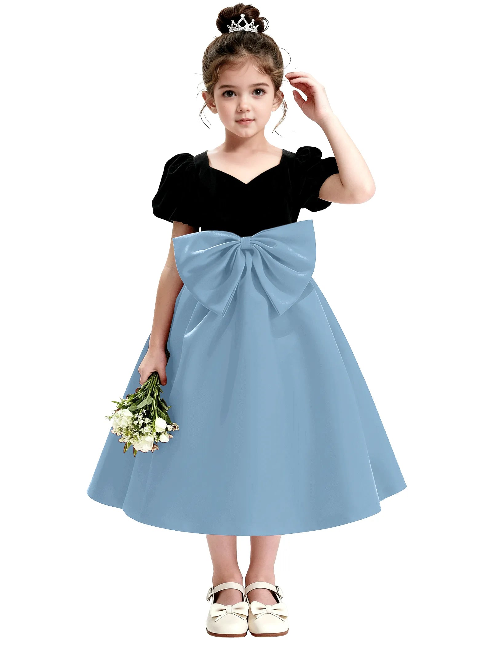 Girls Formal Dress with Puff Sleeves and Sash
