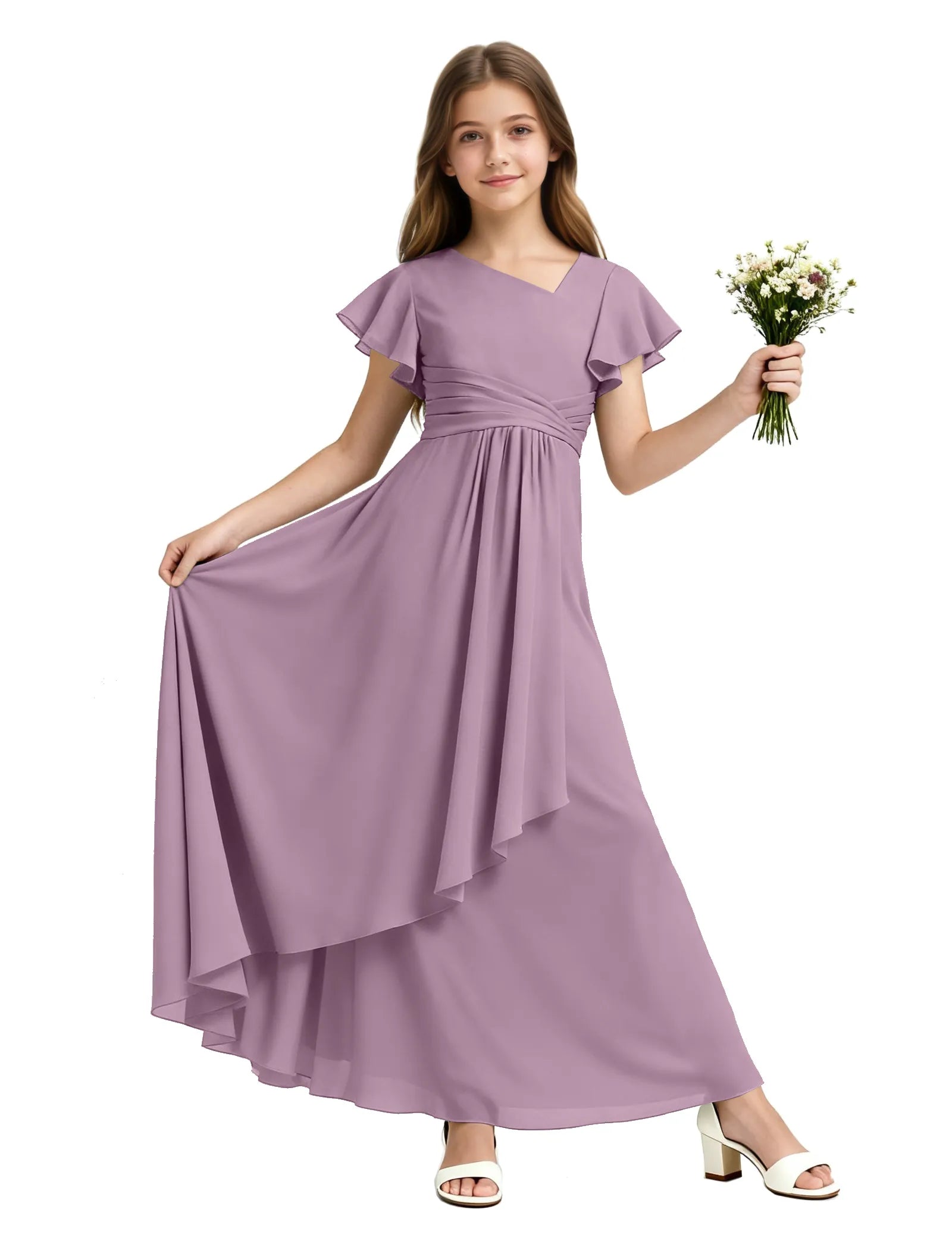 Girls Flutter Sleeve Asymmetrical Maxi Dress
