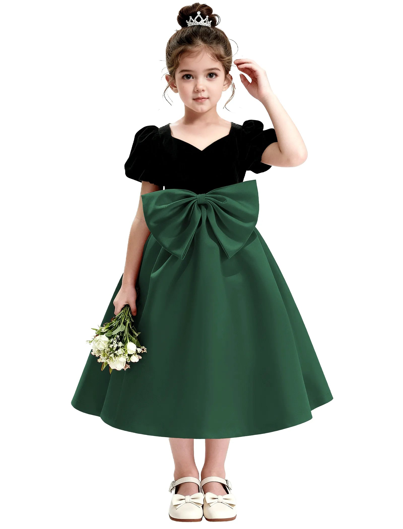 Girls Formal Dress with Puff Sleeves and Sash