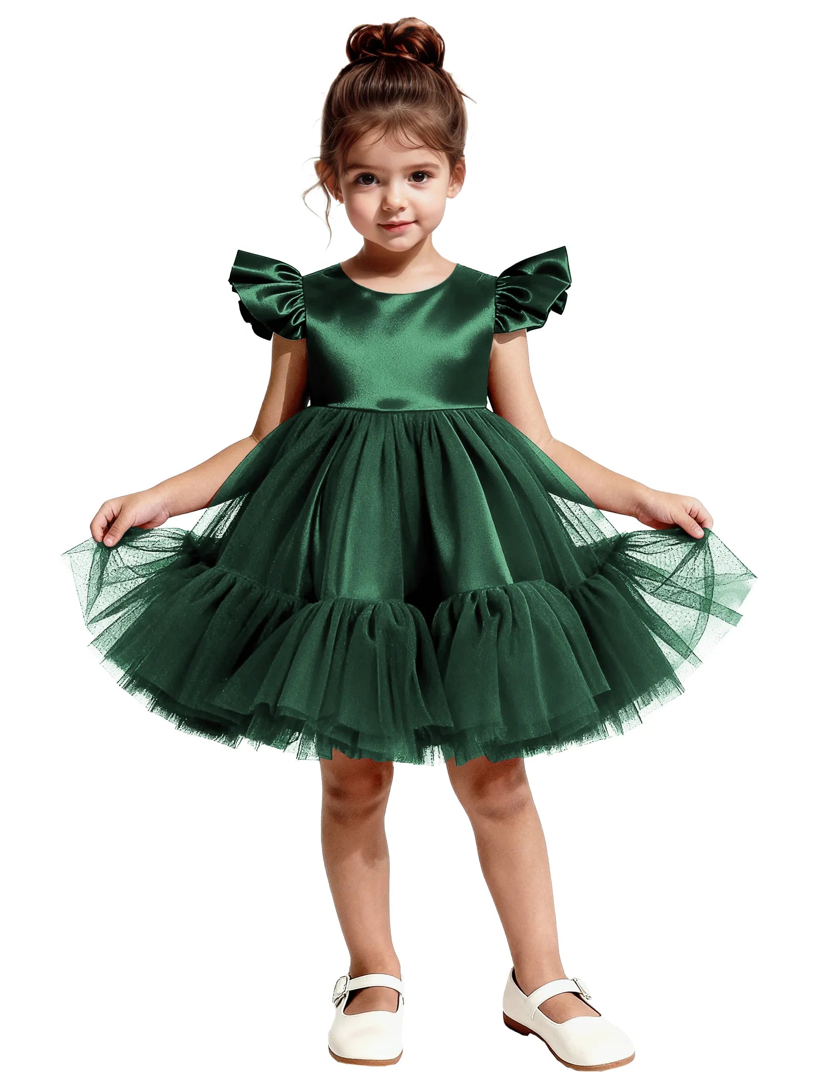 Puff Sleeve Satin Tulle Party Dress for Girls