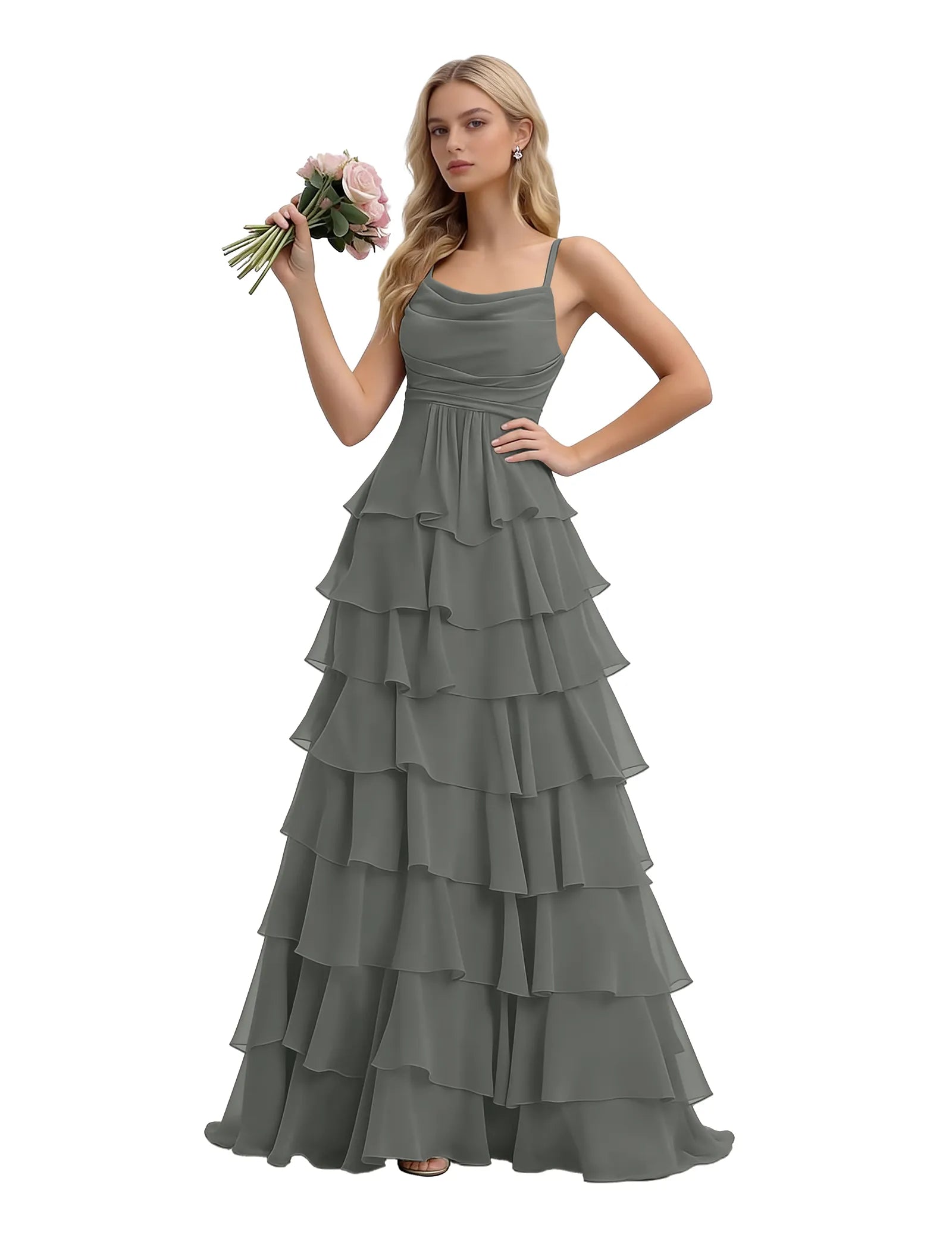 Spaghetti Strap Formal Ruffle Maxi Gown