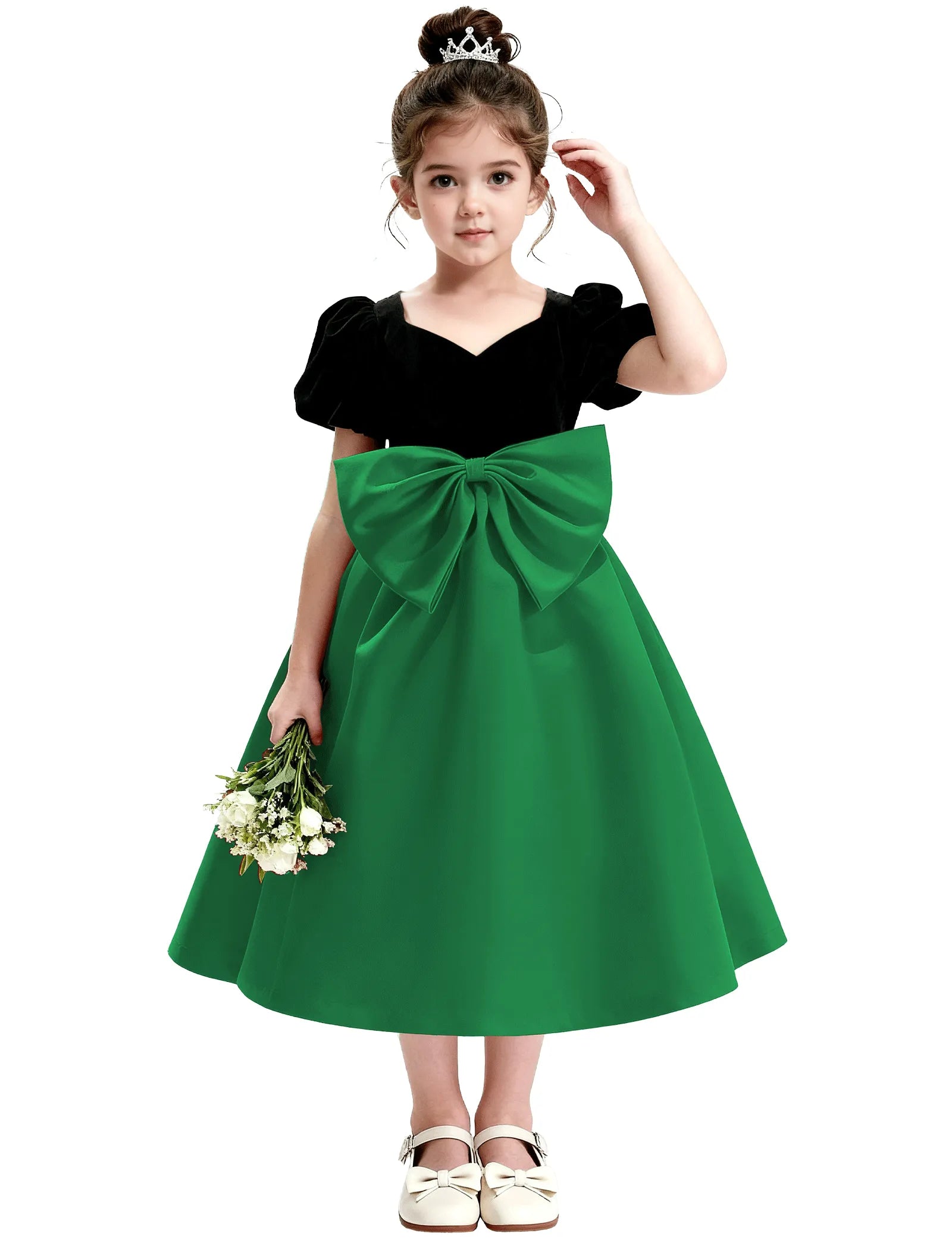 Girls Formal Dress with Puff Sleeves and Sash