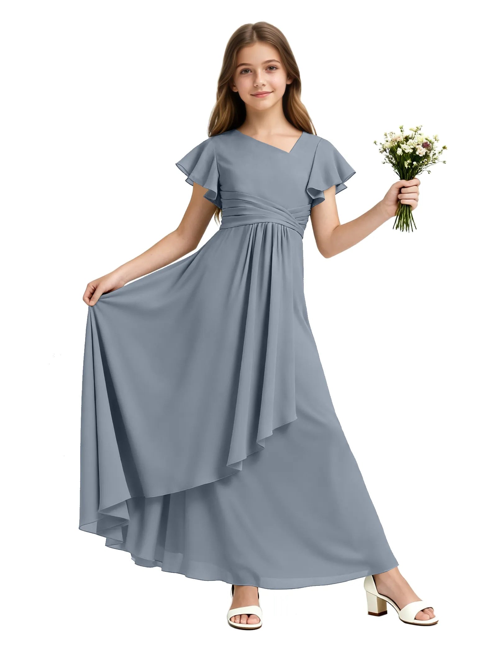 Girls Flutter Sleeve Asymmetrical Maxi Dress