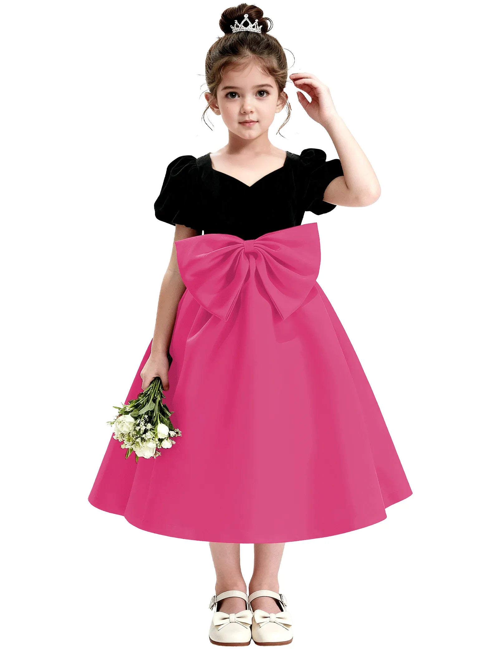 Girls Formal Dress with Puff Sleeves and Sash
