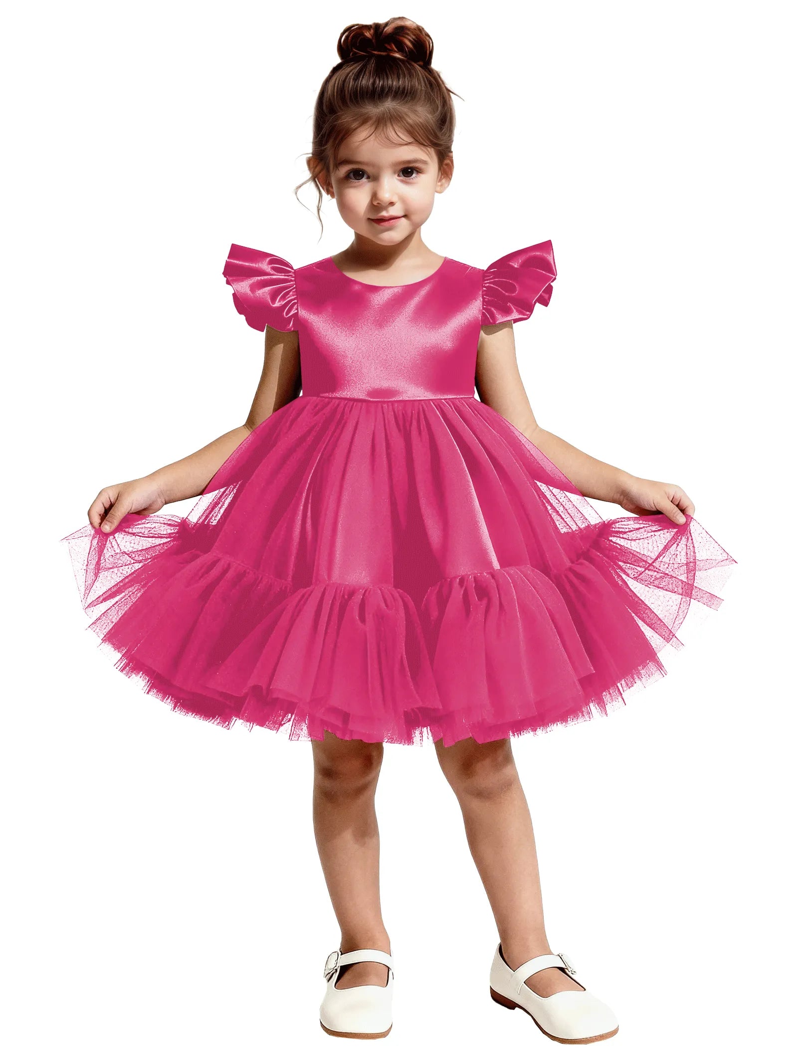 Puff Sleeve Satin Tulle Party Dress for Girls