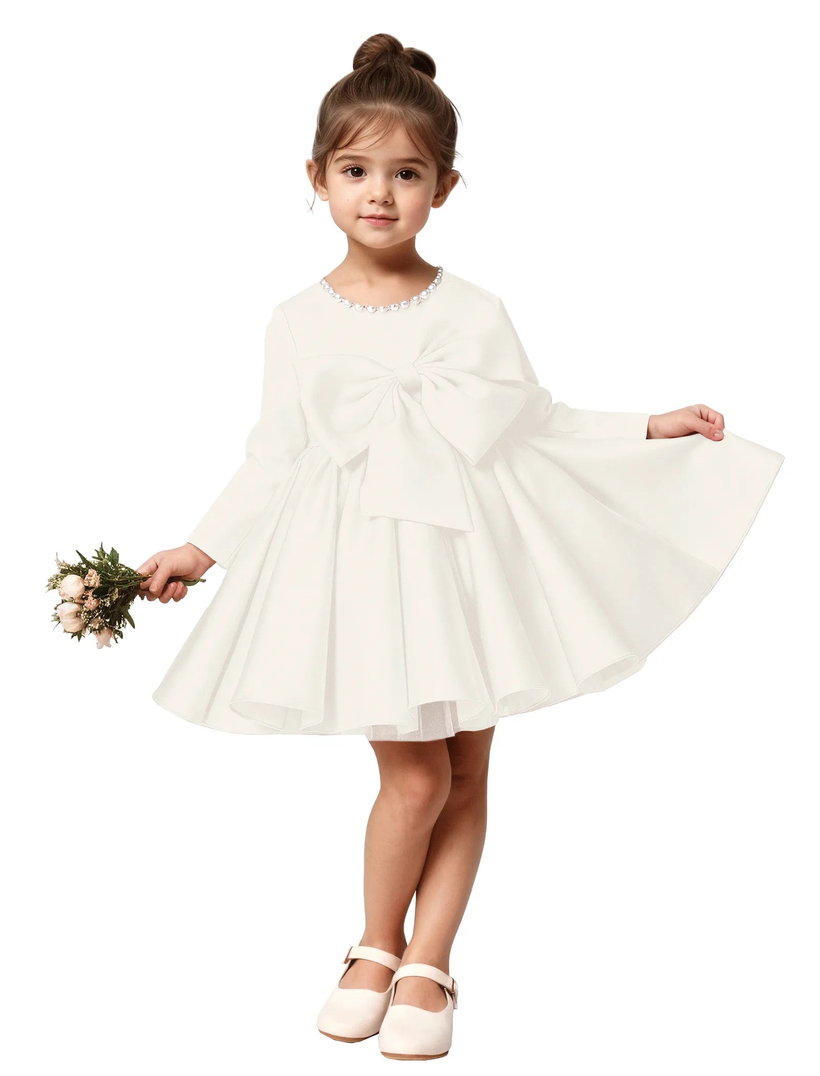 Girls Long Sleeve Satin Dress with Bow and Pearls