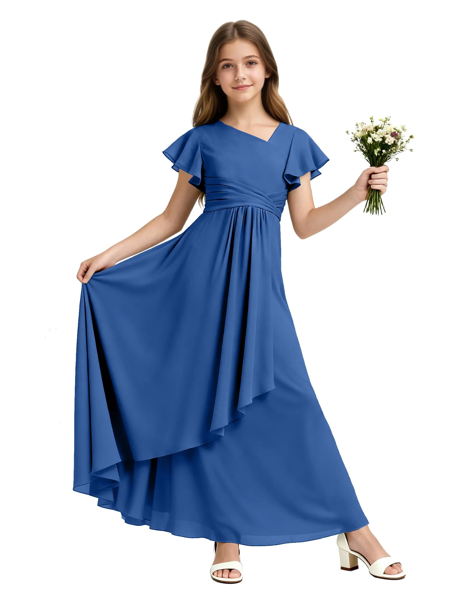 Girls Flutter Sleeve Asymmetrical Maxi Dress