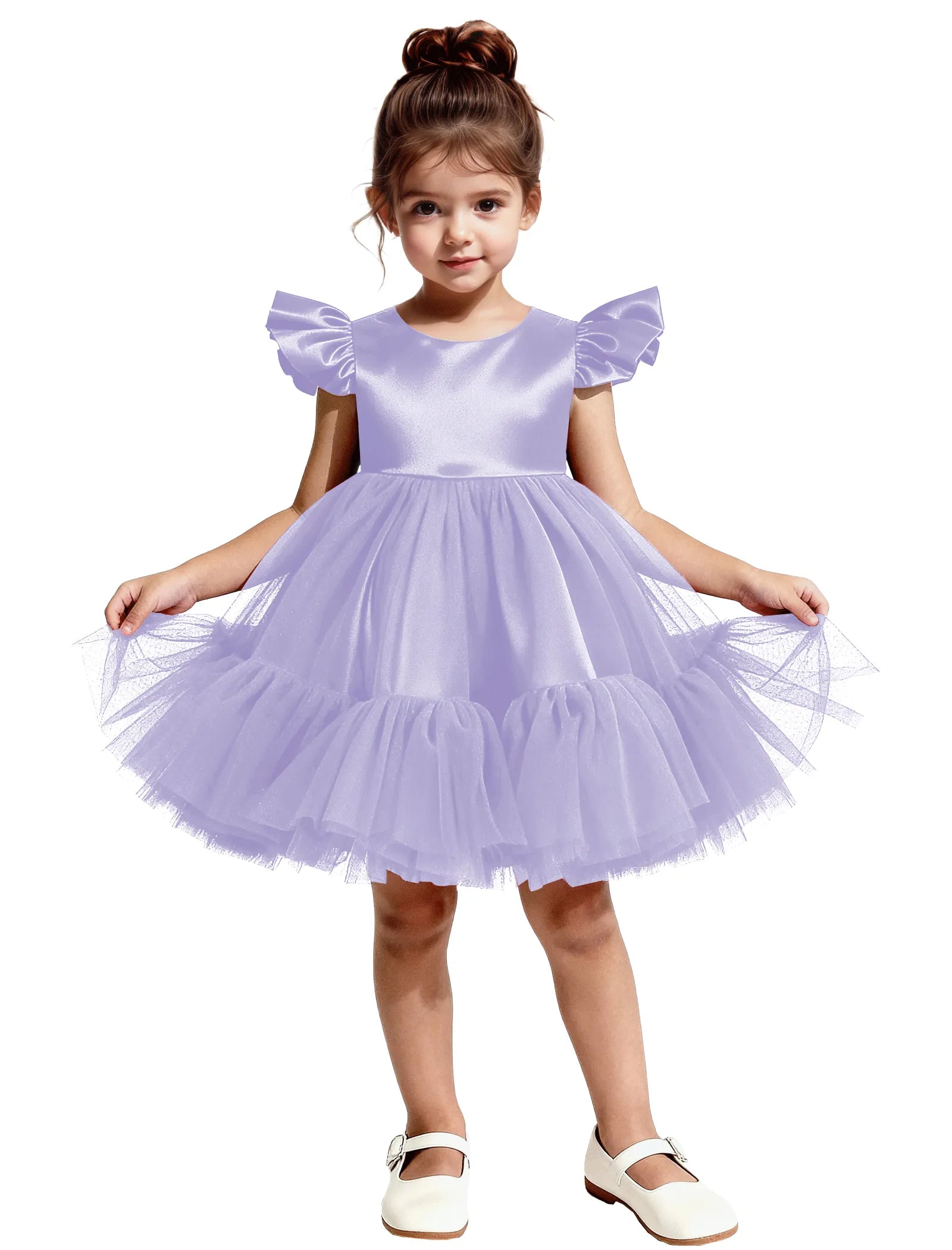 Puff Sleeve Satin Tulle Party Dress for Girls
