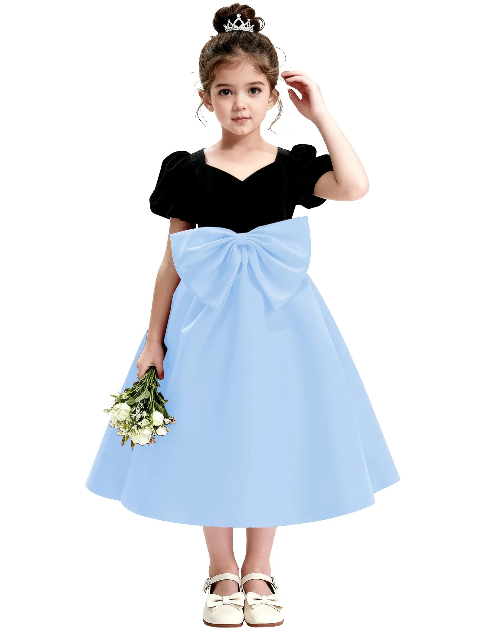 Girls Formal Dress with Puff Sleeves and Sash