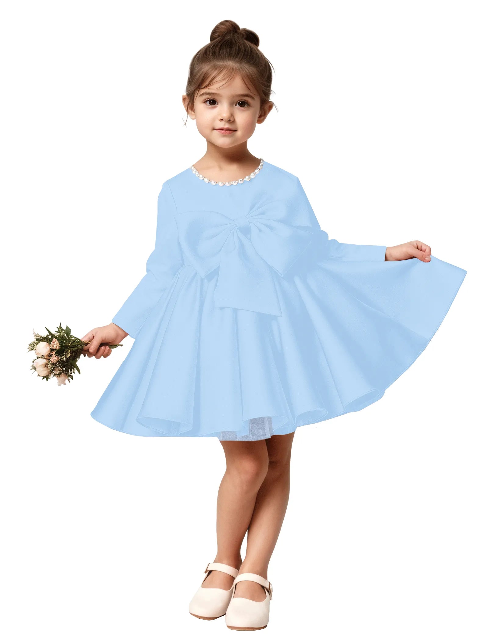 Girls Long Sleeve Satin Dress with Bow and Pearls