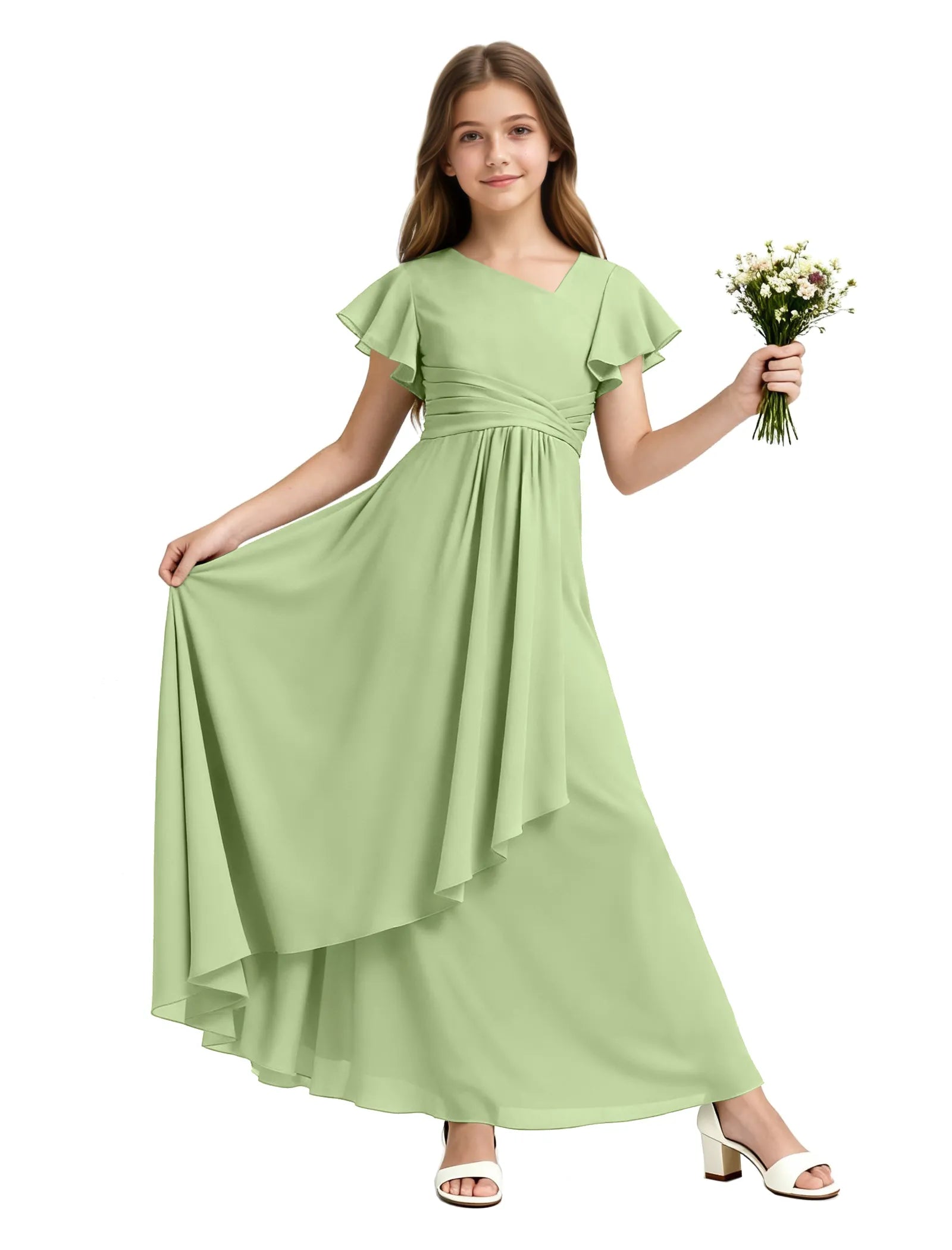 Girls Flutter Sleeve Asymmetrical Maxi Dress