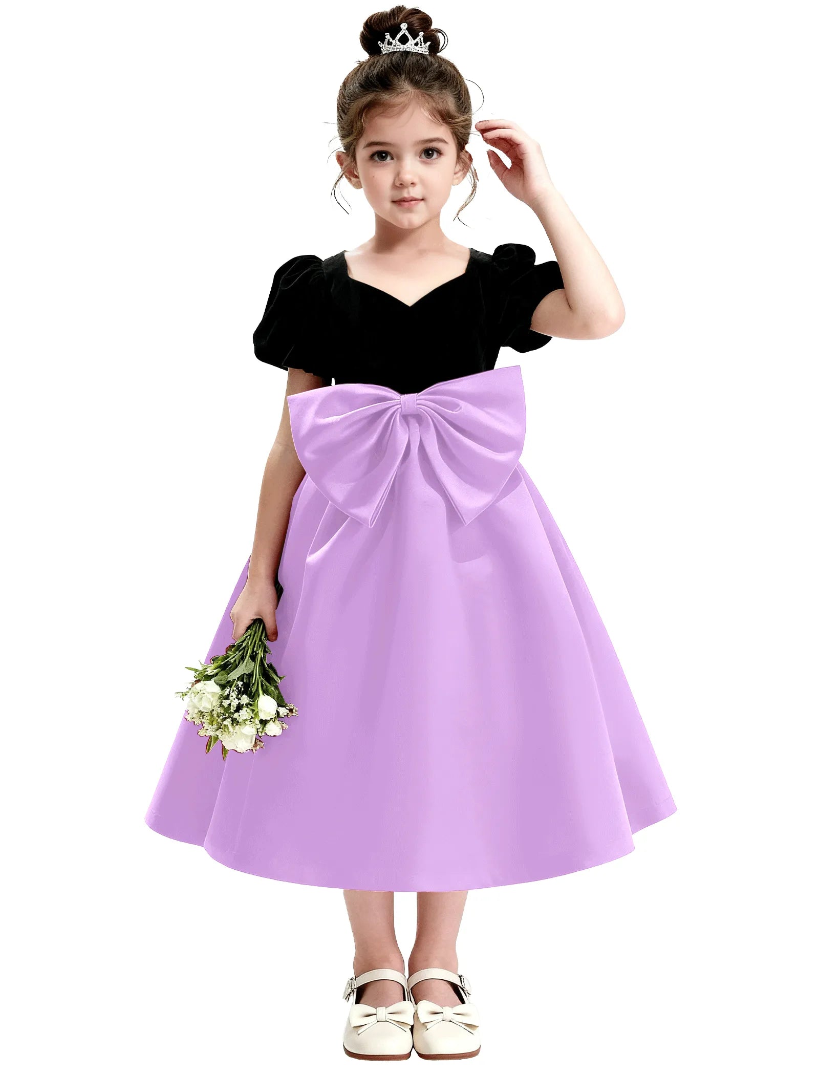 Girls Formal Dress with Puff Sleeves and Sash