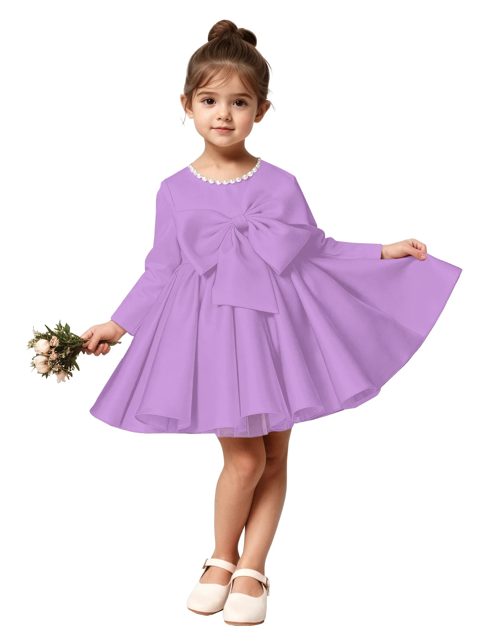 Girls Long Sleeve Satin Dress with Bow and Pearls