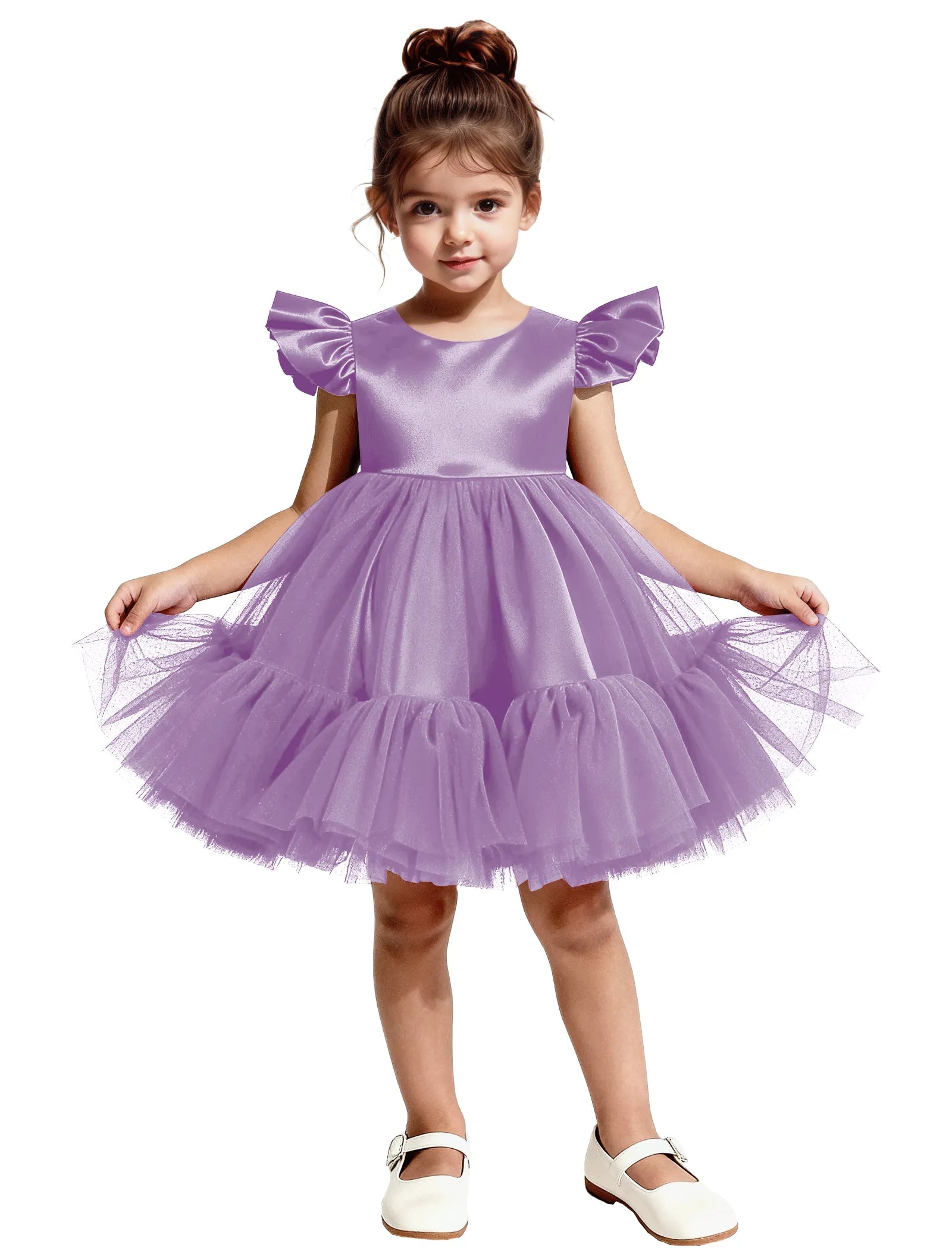 Puff Sleeve Satin Tulle Party Dress for Girls