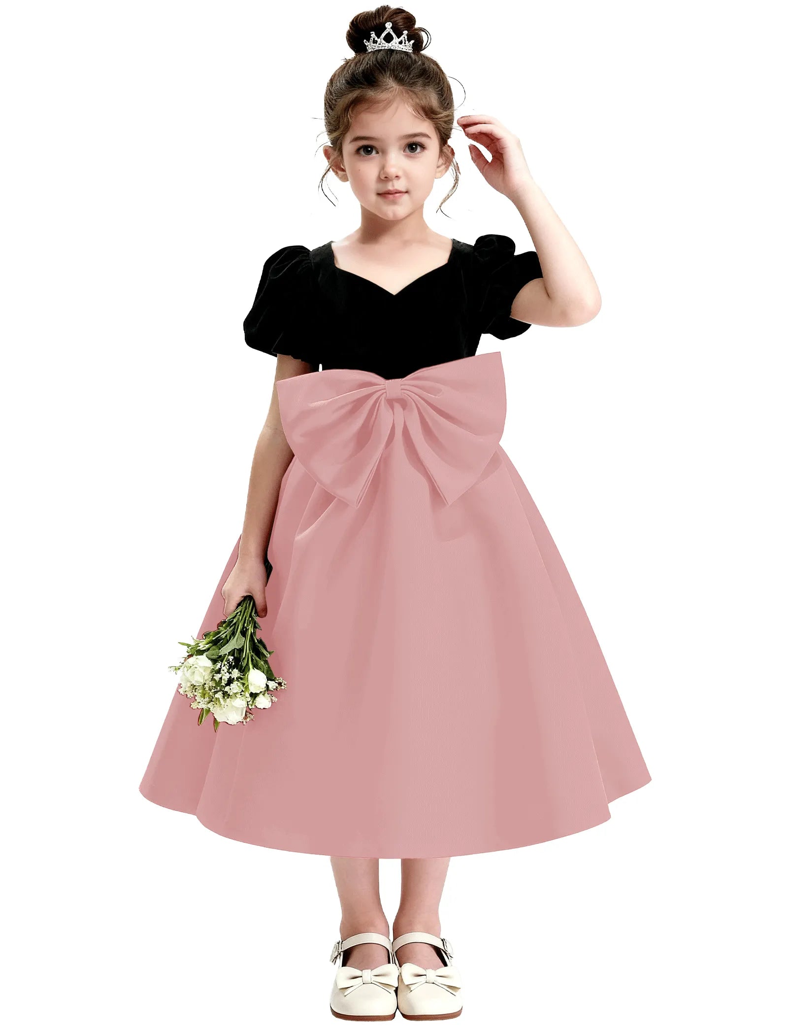Girls Formal Dress with Puff Sleeves and Sash