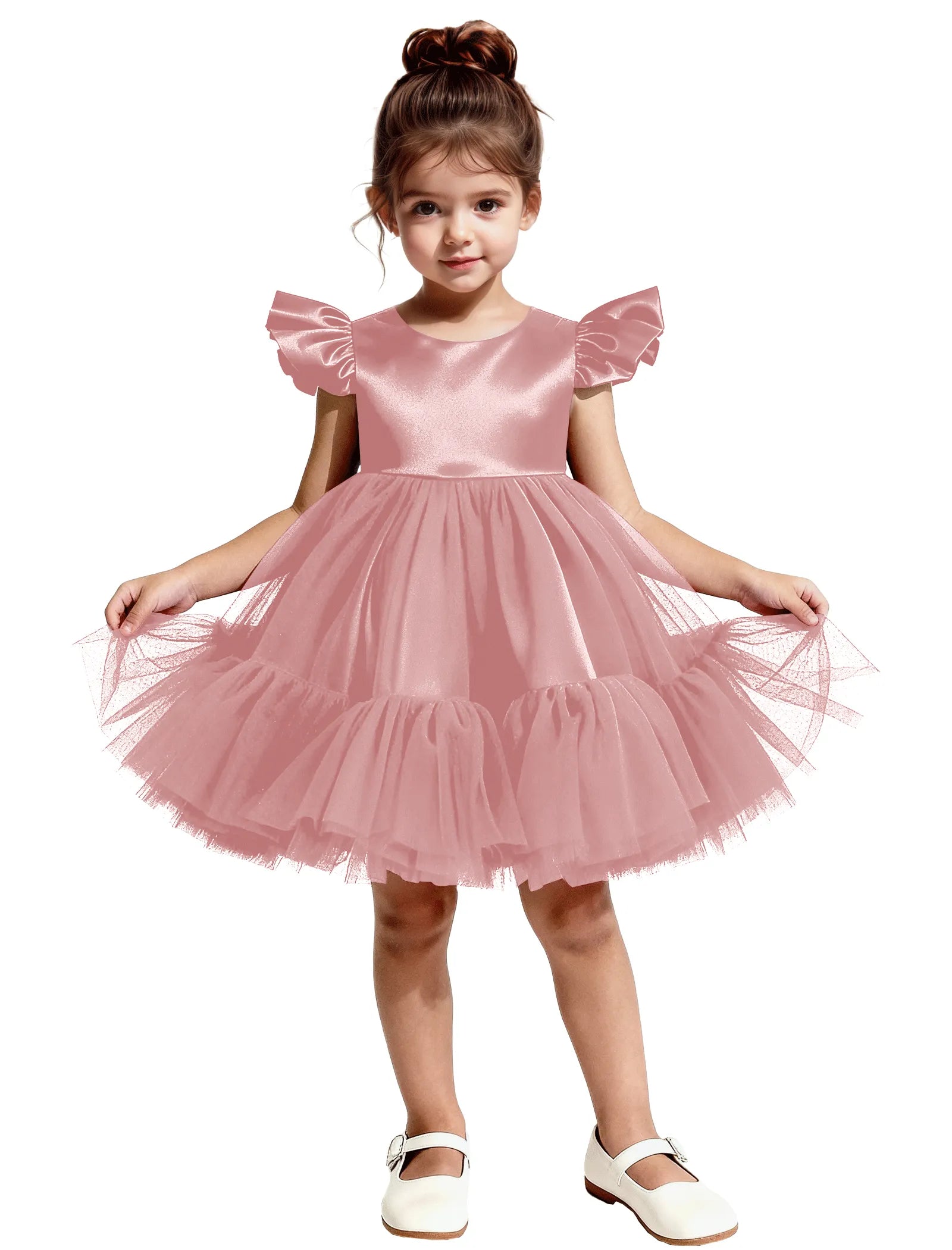 Puff Sleeve Satin Tulle Party Dress for Girls