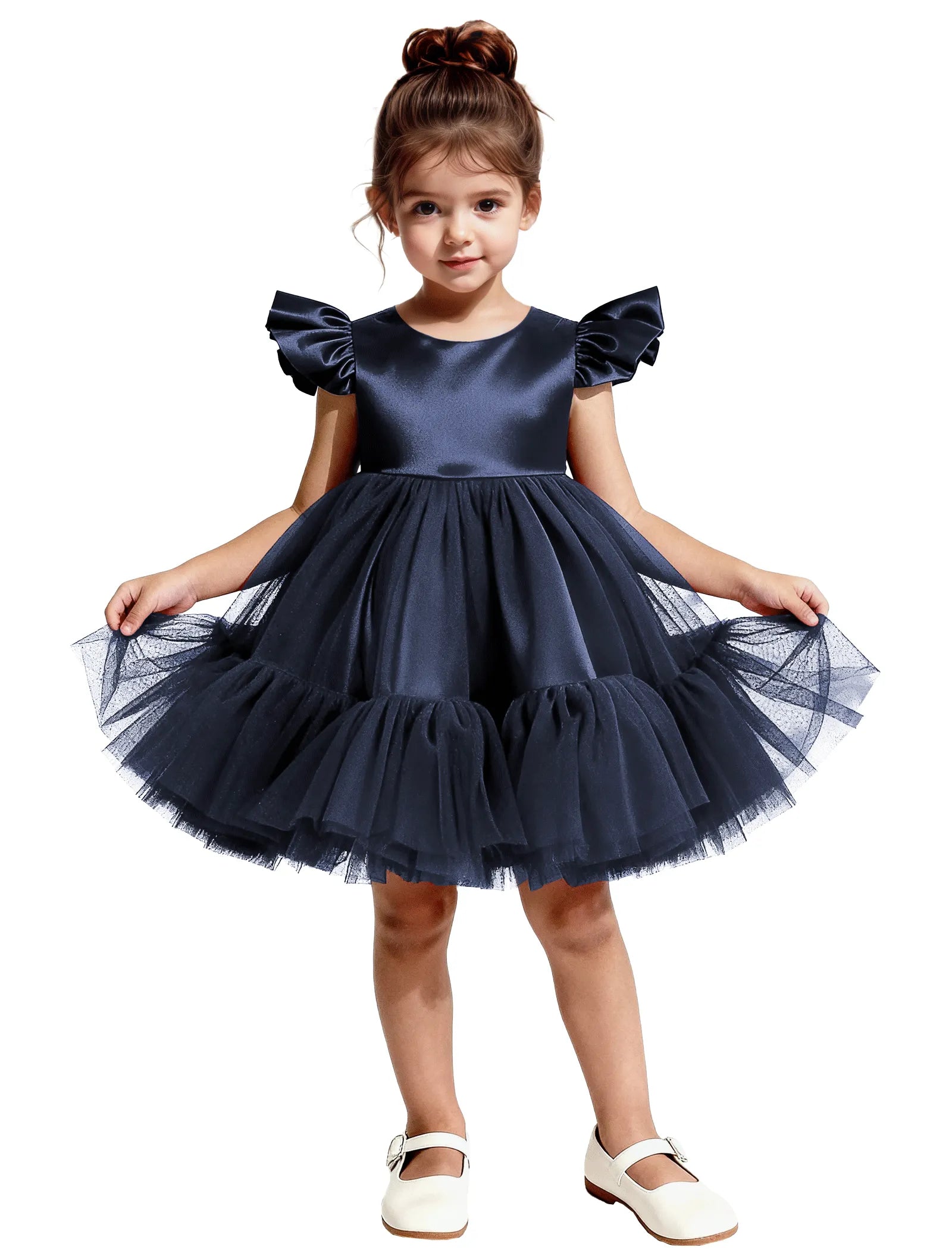 Puff Sleeve Satin Tulle Party Dress for Girls
