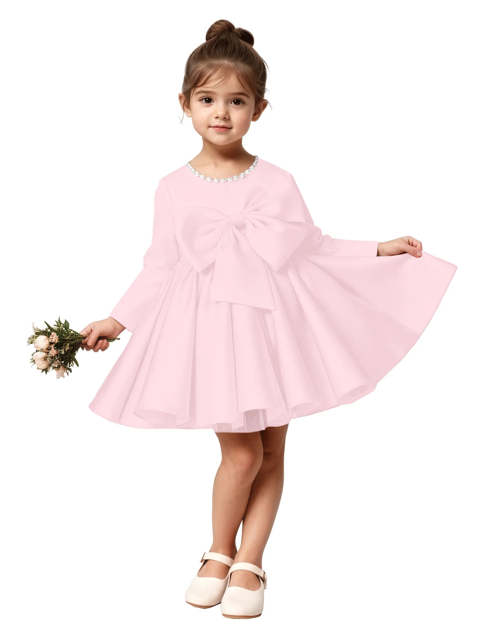 Girls Long Sleeve Satin Dress with Bow and Pearls