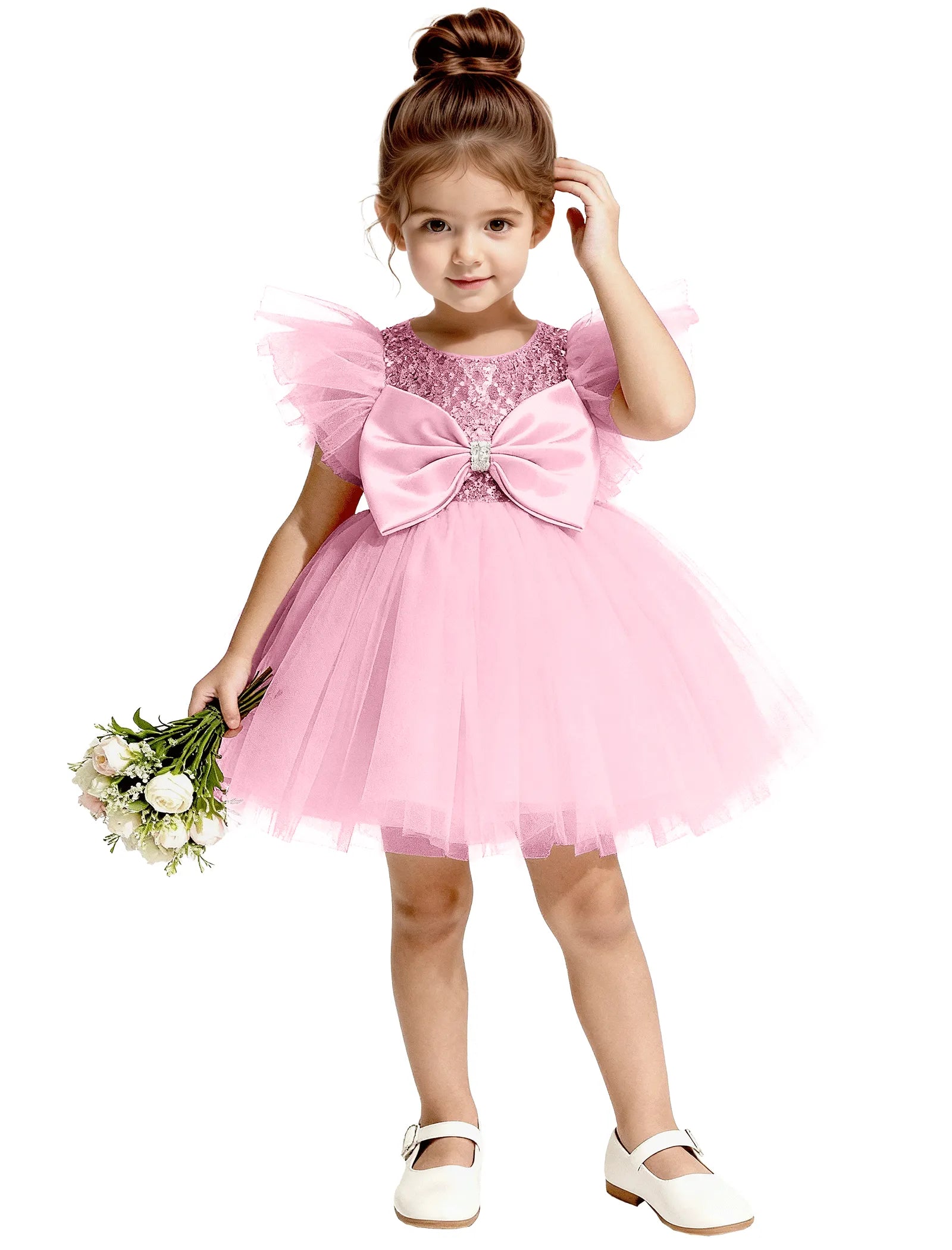 Sequin Tulle Flower Girl Dress with Back Bow