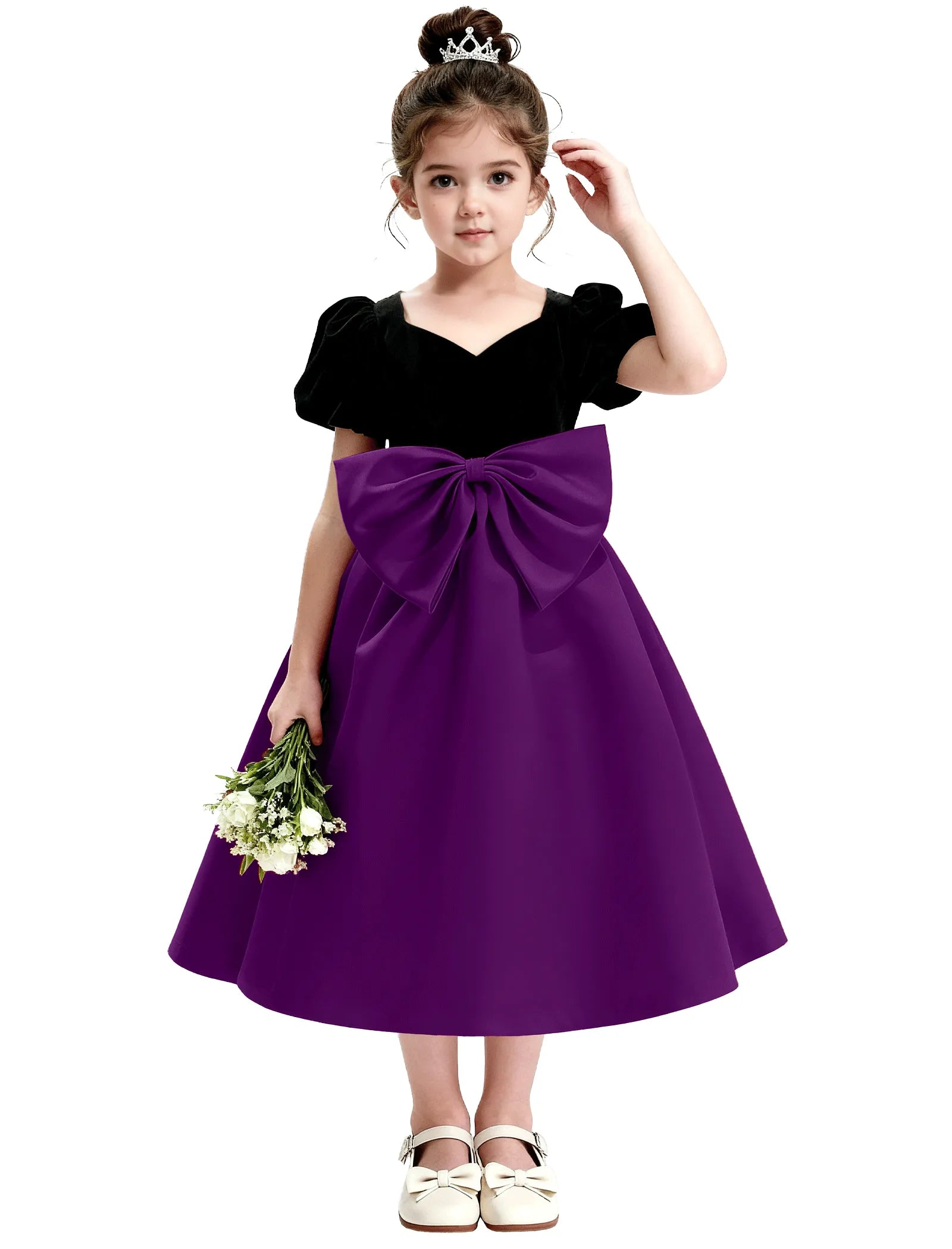 Girls Formal Dress with Puff Sleeves and Sash