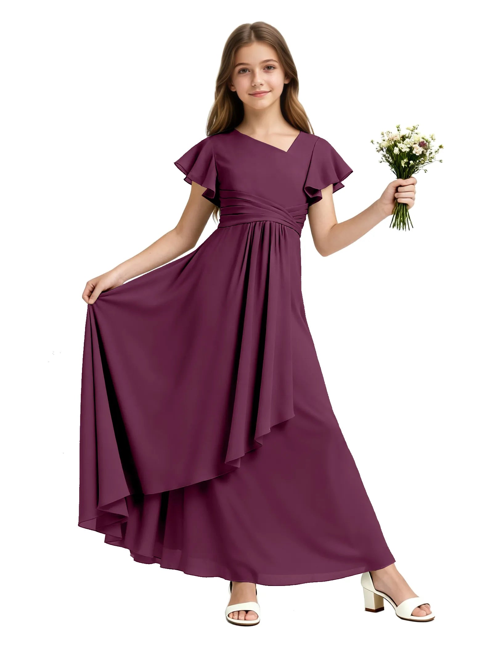 Girls Flutter Sleeve Asymmetrical Maxi Dress