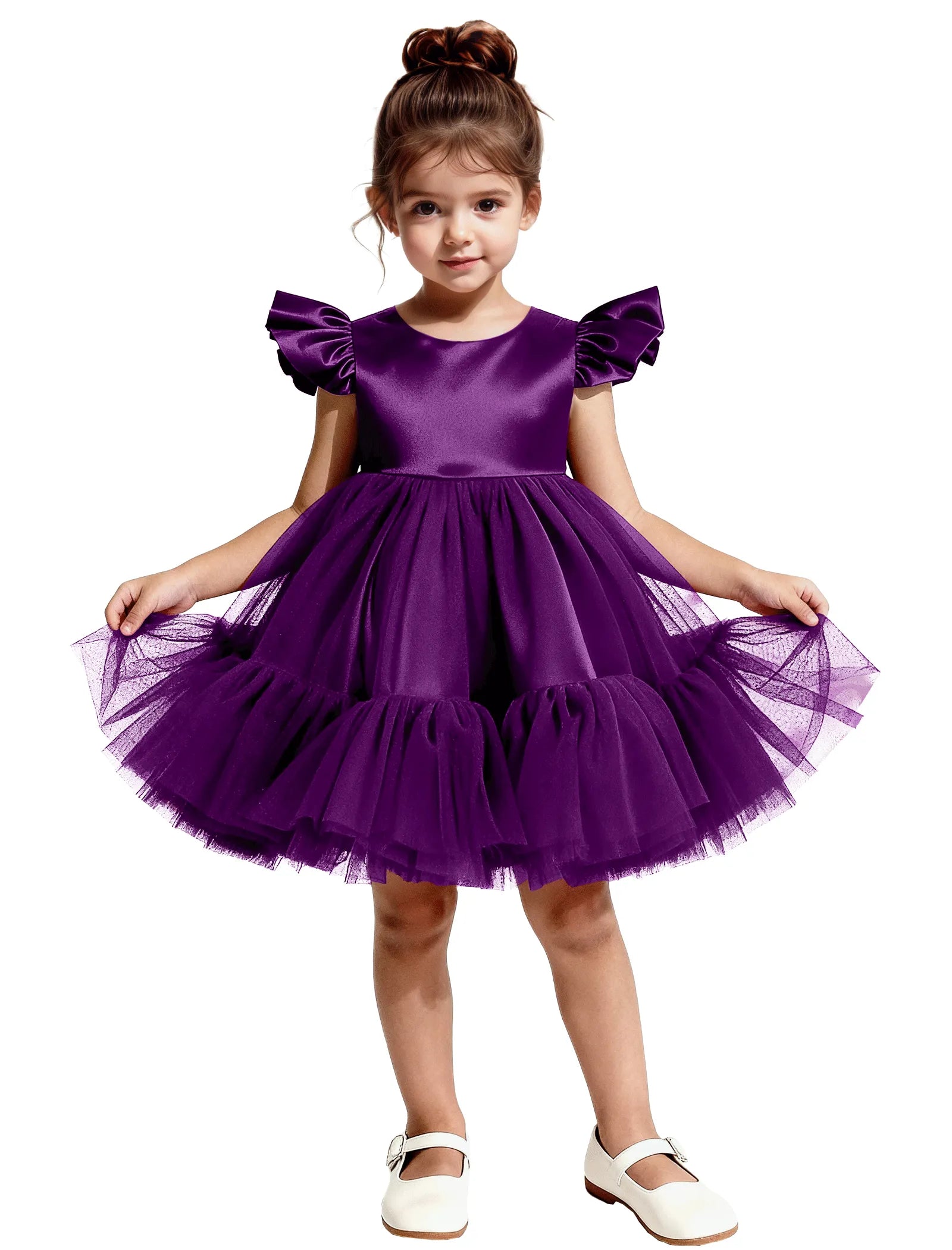 Puff Sleeve Satin Tulle Party Dress for Girls