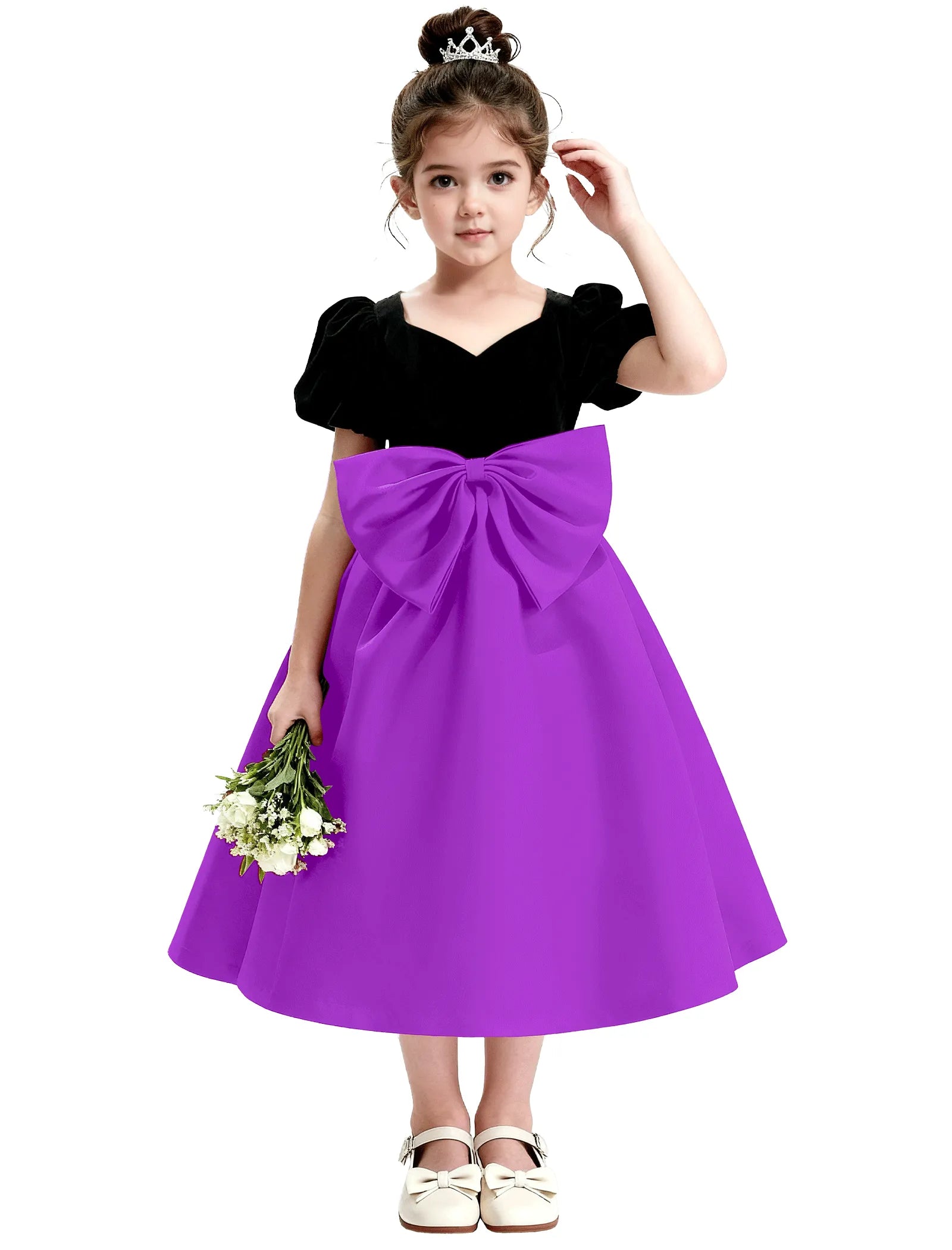 Girls Formal Dress with Puff Sleeves and Sash