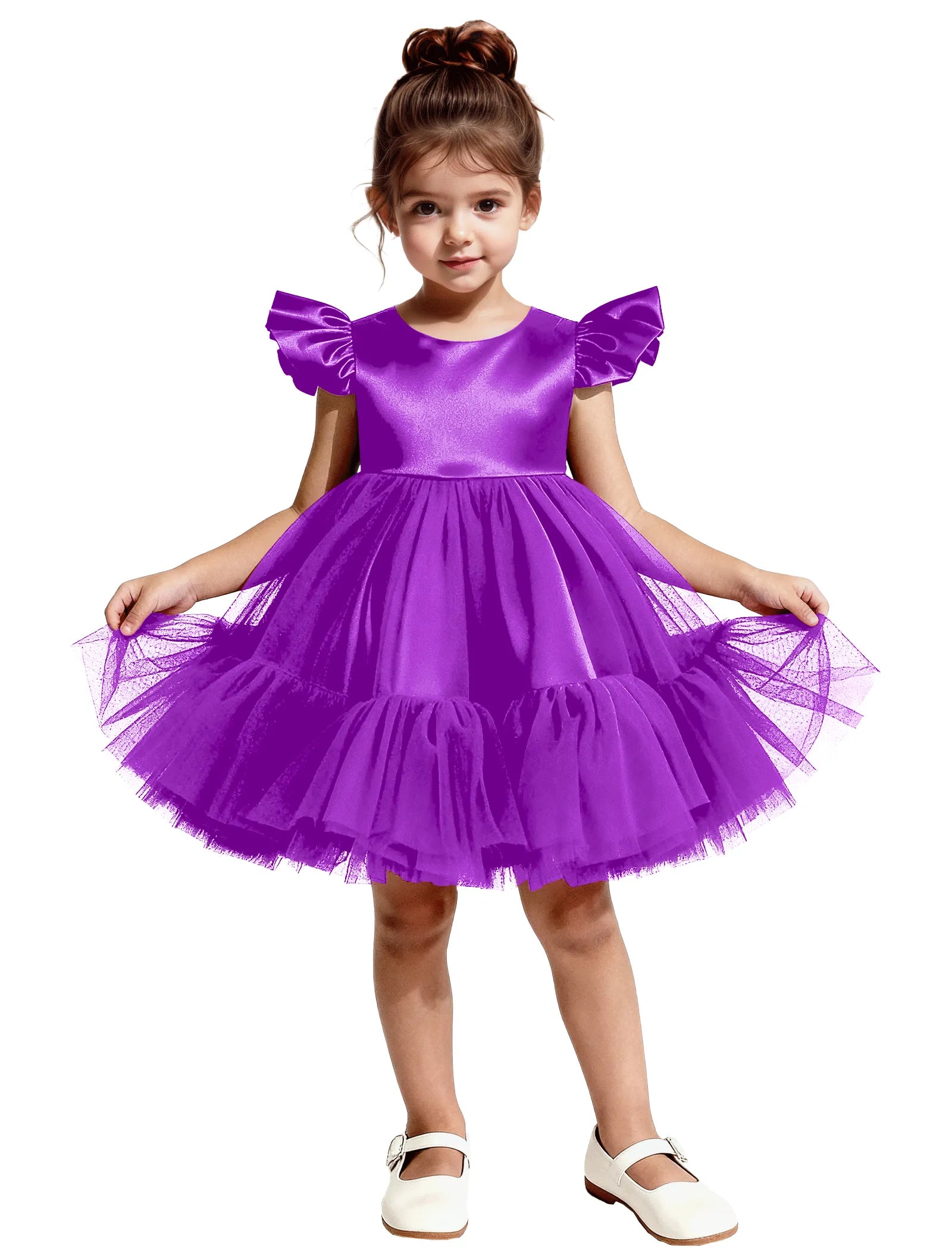 Puff Sleeve Satin Tulle Party Dress for Girls