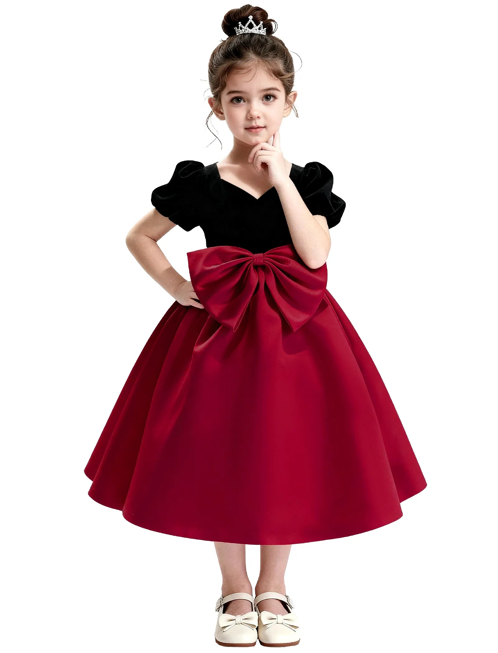 Girls Formal Dress with Puff Sleeves and Sash