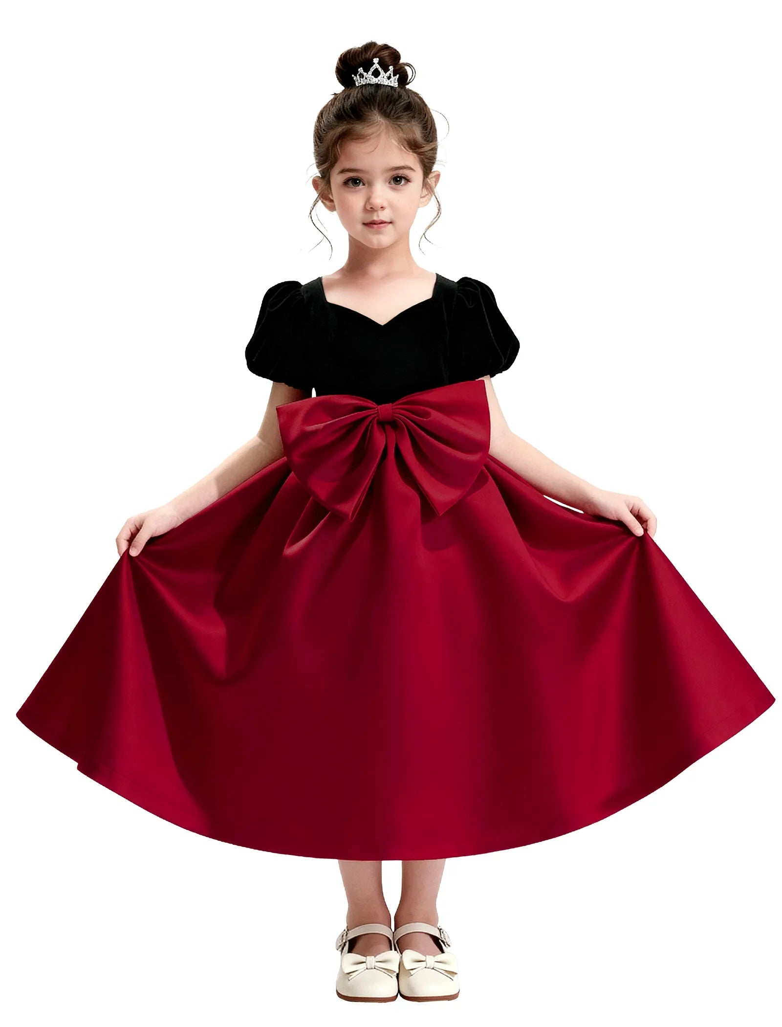 Girls Formal Dress with Puff Sleeves and Sash