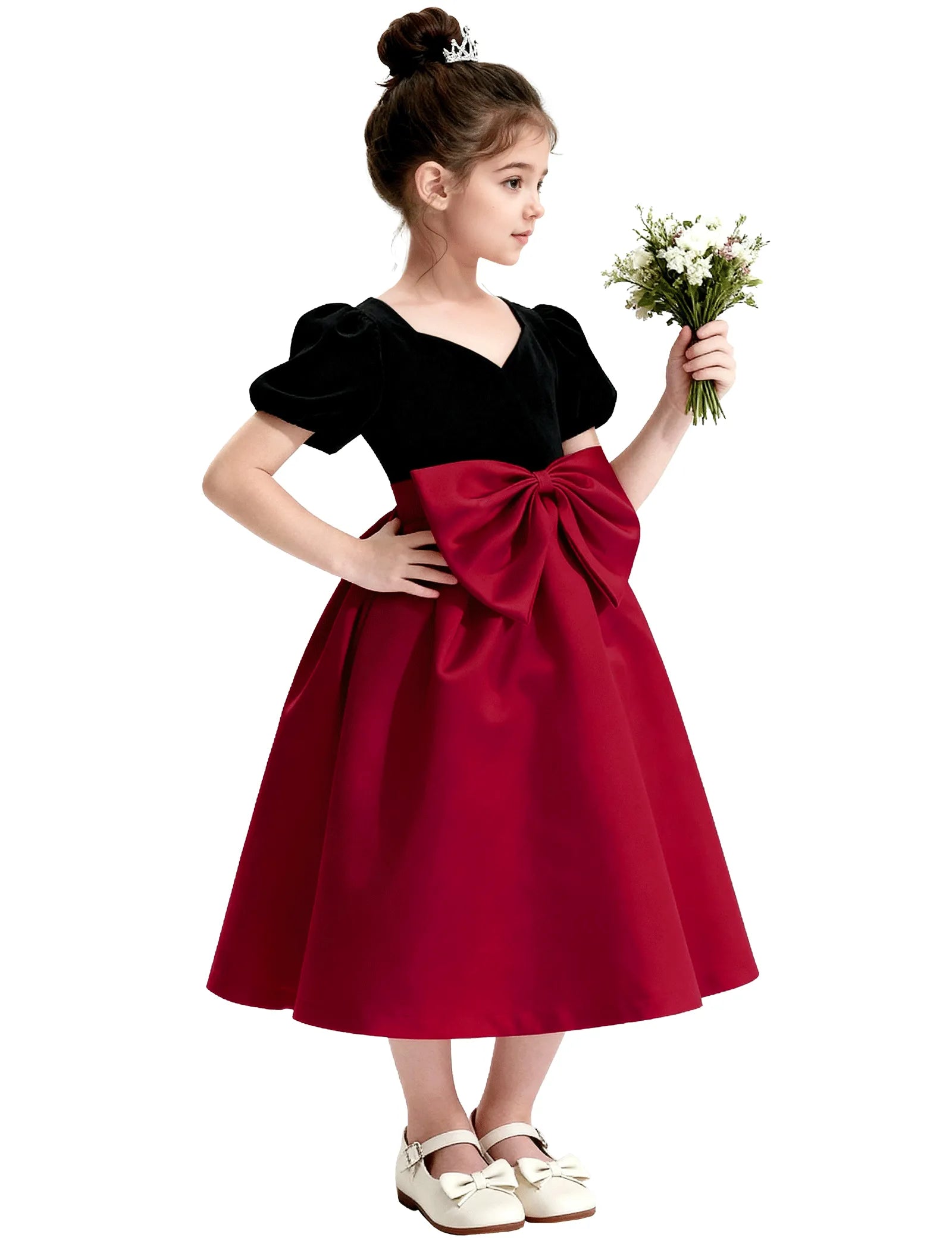 Girls Formal Dress with Puff Sleeves and Sash
