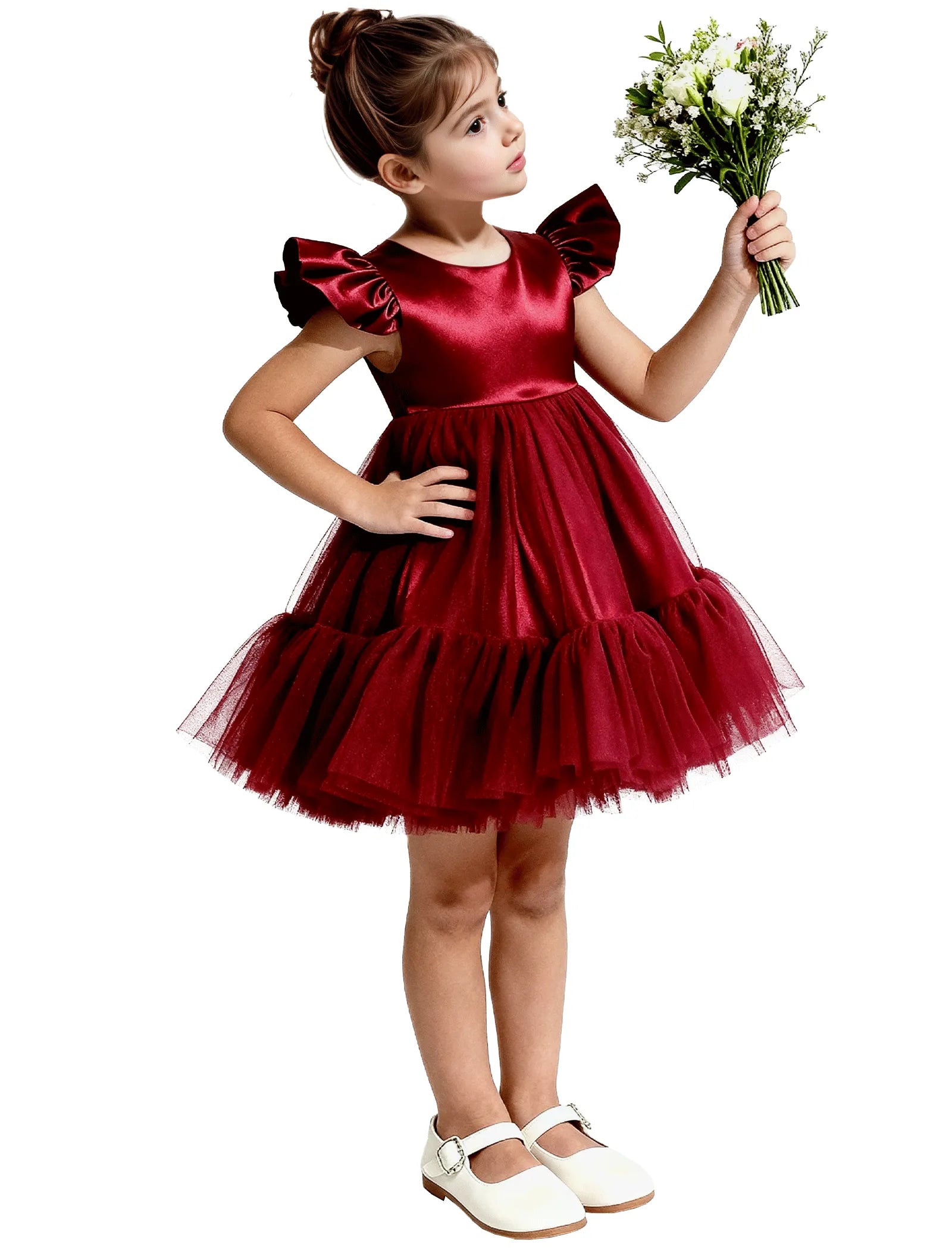 Puff Sleeve Satin Tulle Party Dress for Girls