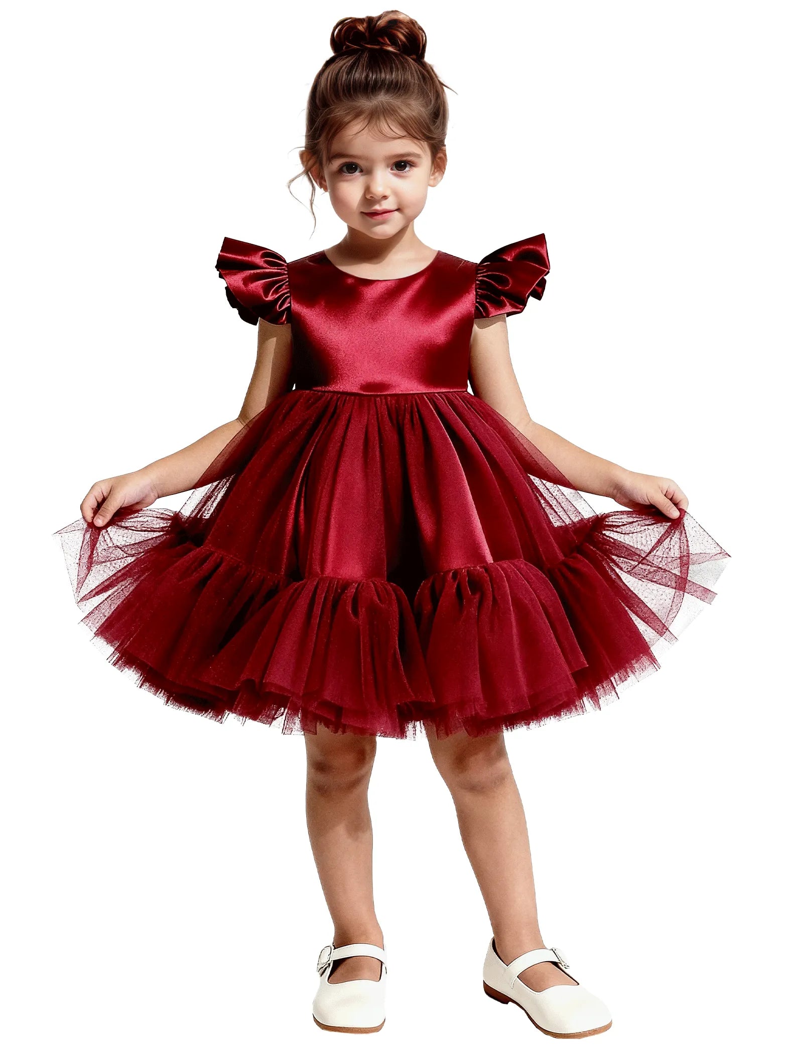 Puff Sleeve Satin Tulle Party Dress for Girls