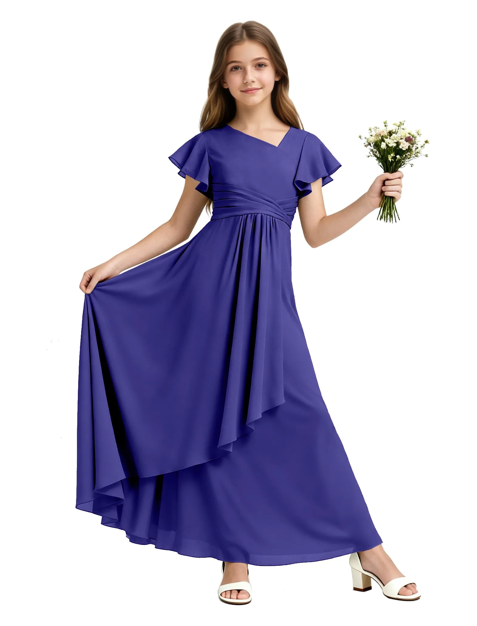 Girls Flutter Sleeve Asymmetrical Maxi Dress