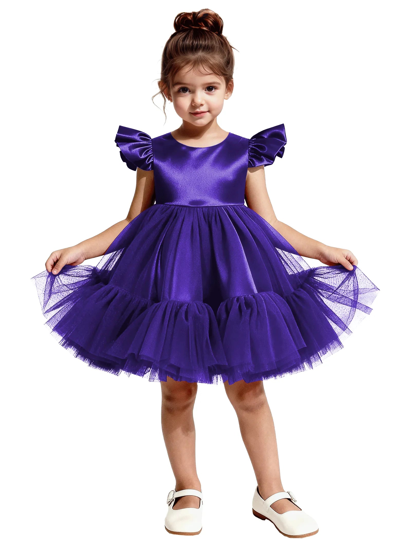 Puff Sleeve Satin Tulle Party Dress for Girls