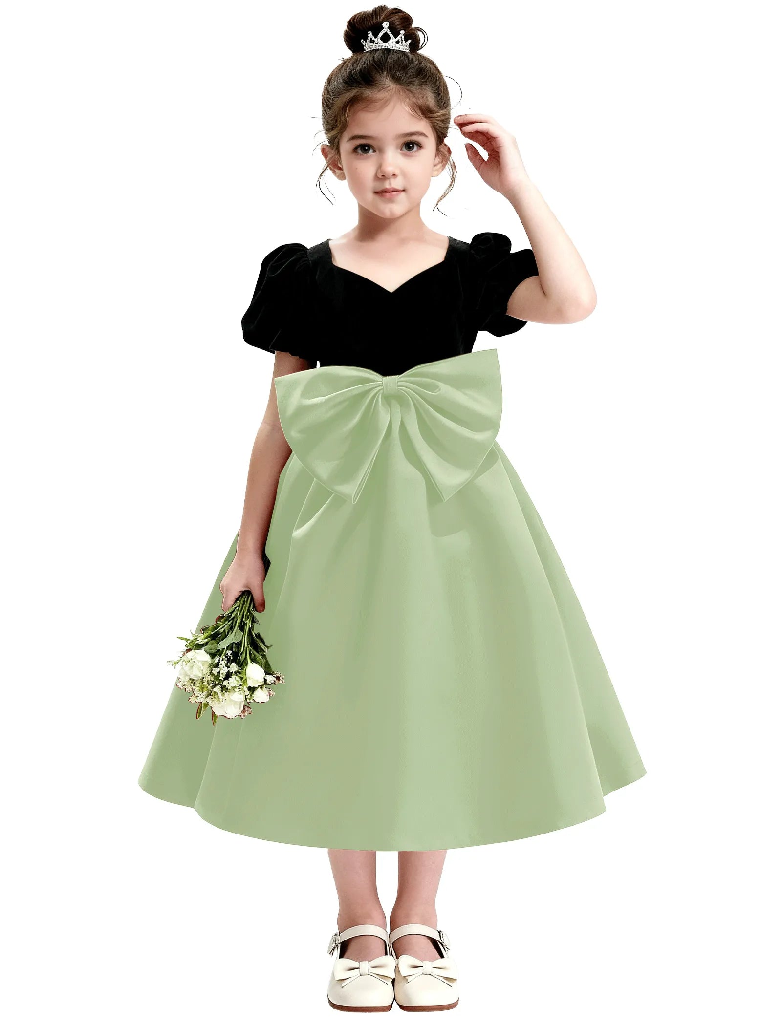 Girls Formal Dress with Puff Sleeves and Sash