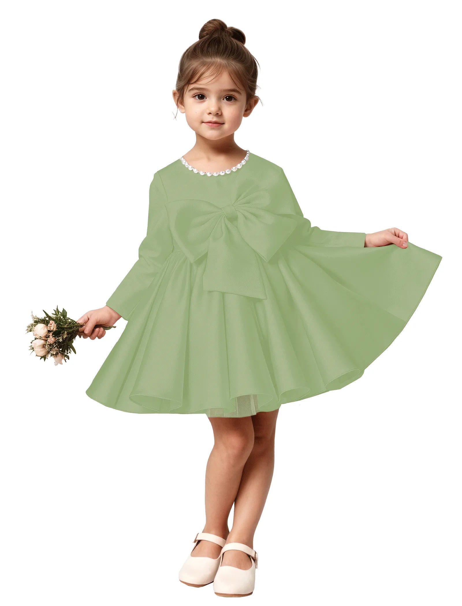 Girls Long Sleeve Satin Dress with Bow and Pearls