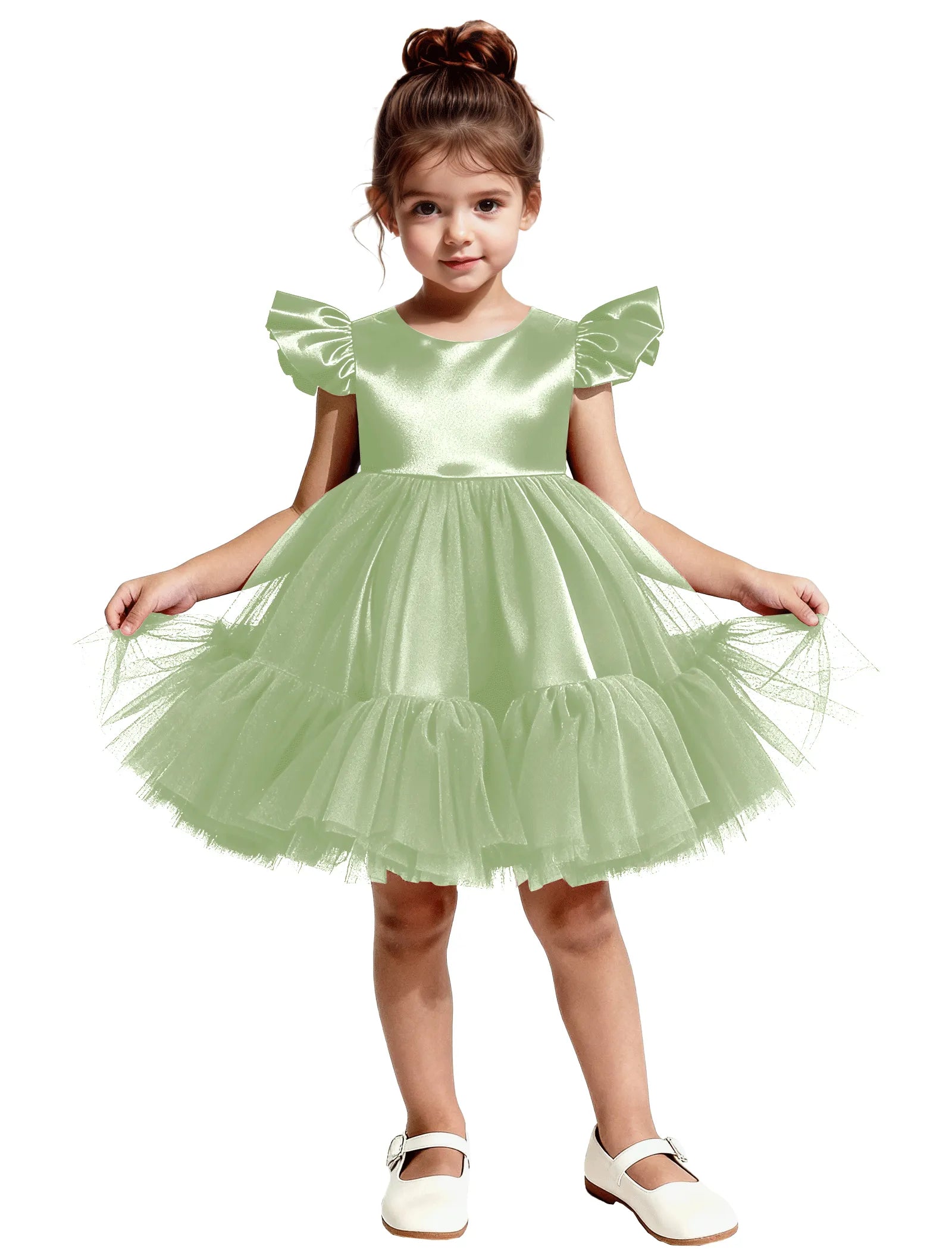 Puff Sleeve Satin Tulle Party Dress for Girls