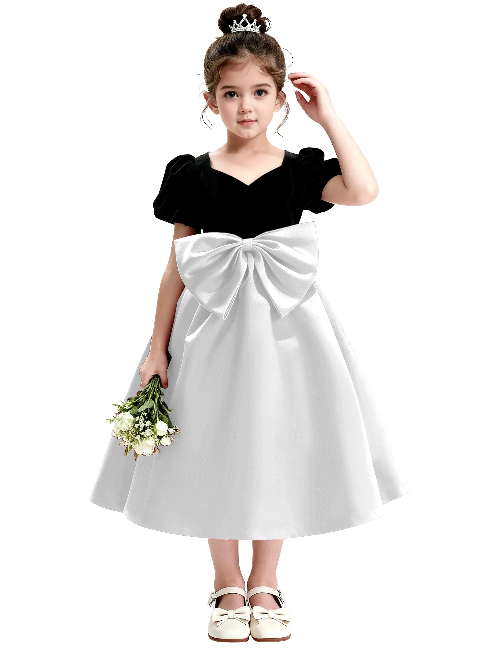 Girls Formal Dress with Puff Sleeves and Sash