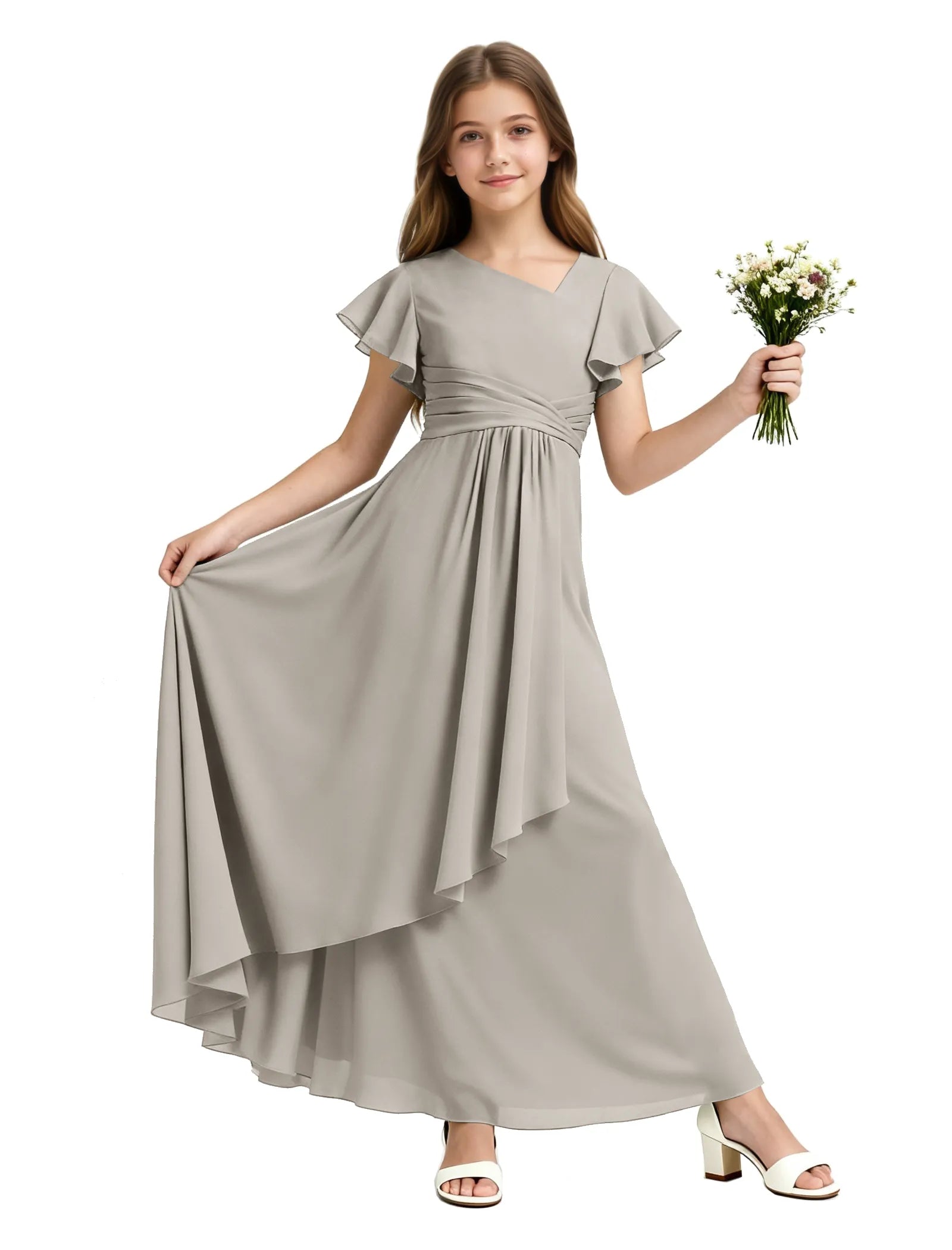 Girls Flutter Sleeve Asymmetrical Maxi Dress