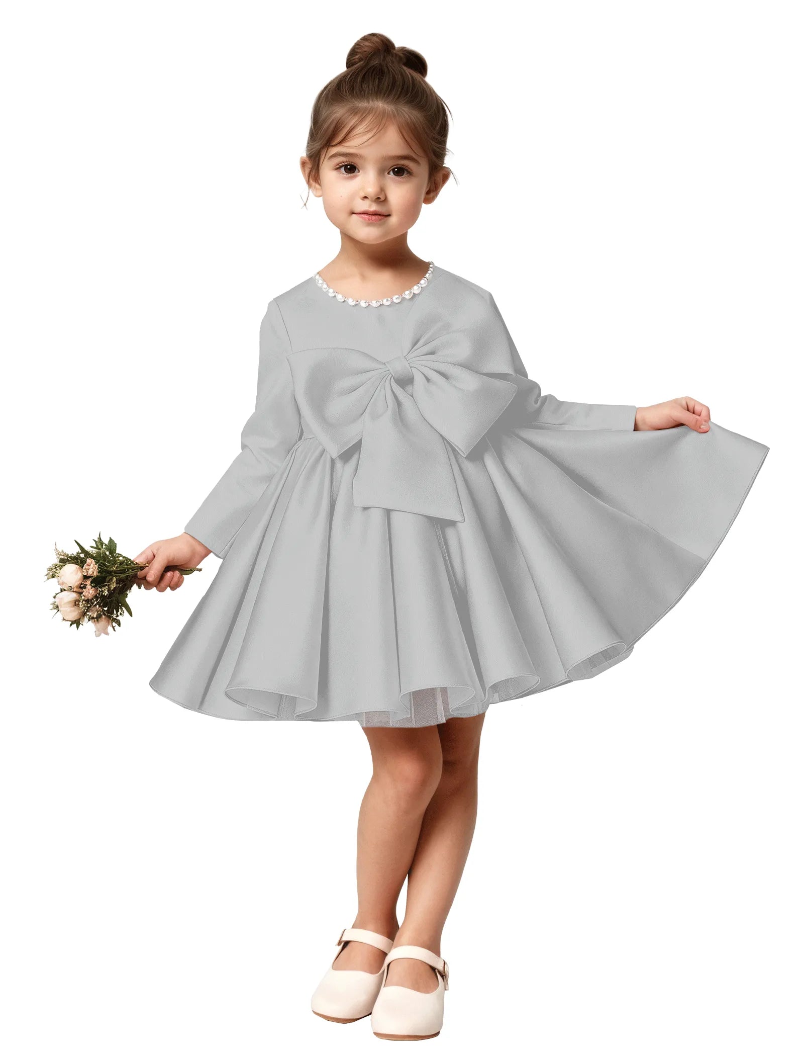 Girls Long Sleeve Satin Dress with Bow and Pearls