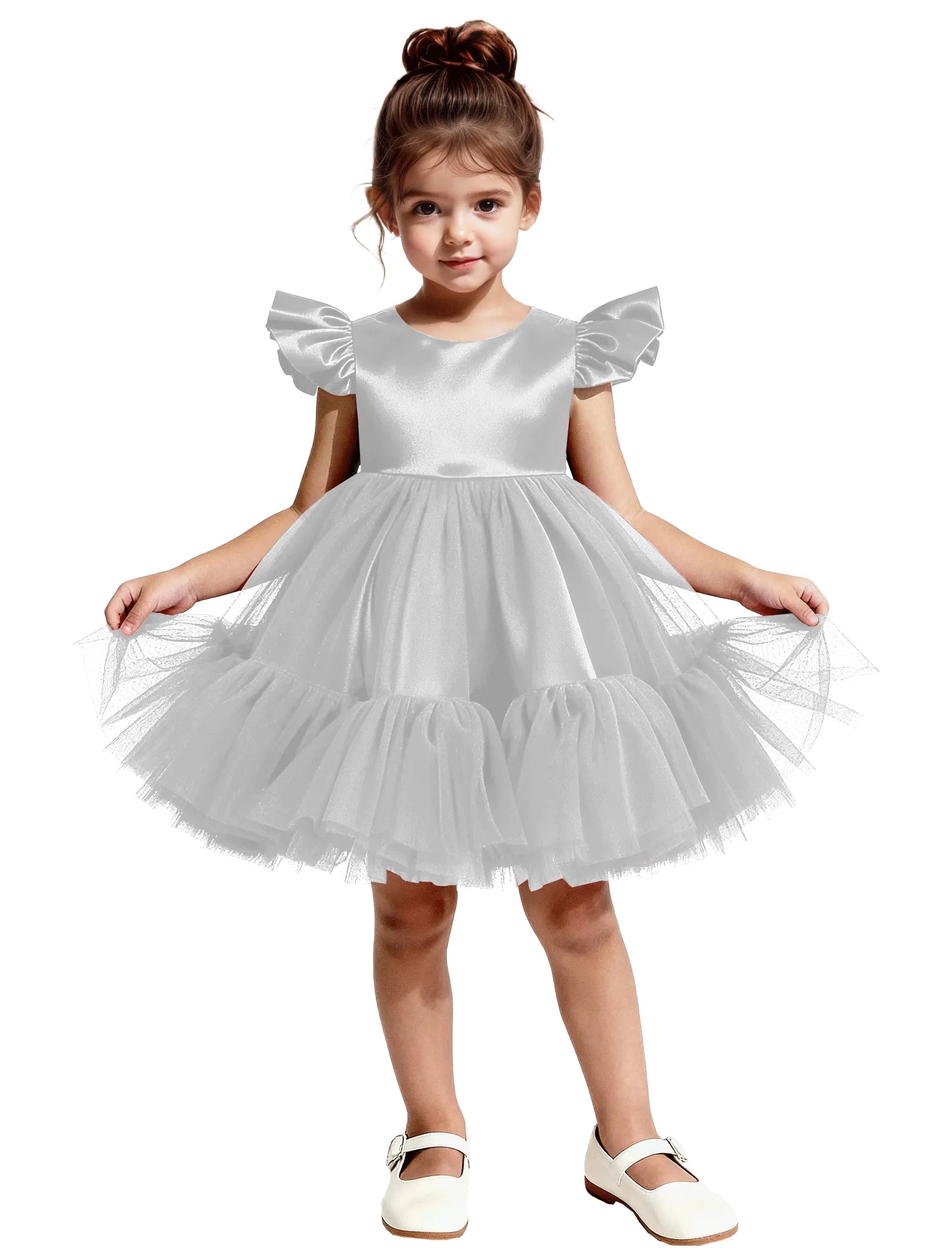 Puff Sleeve Satin Tulle Party Dress for Girls