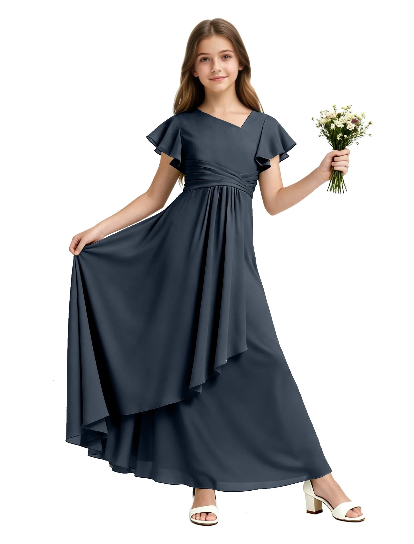Girls Flutter Sleeve Asymmetrical Maxi Dress