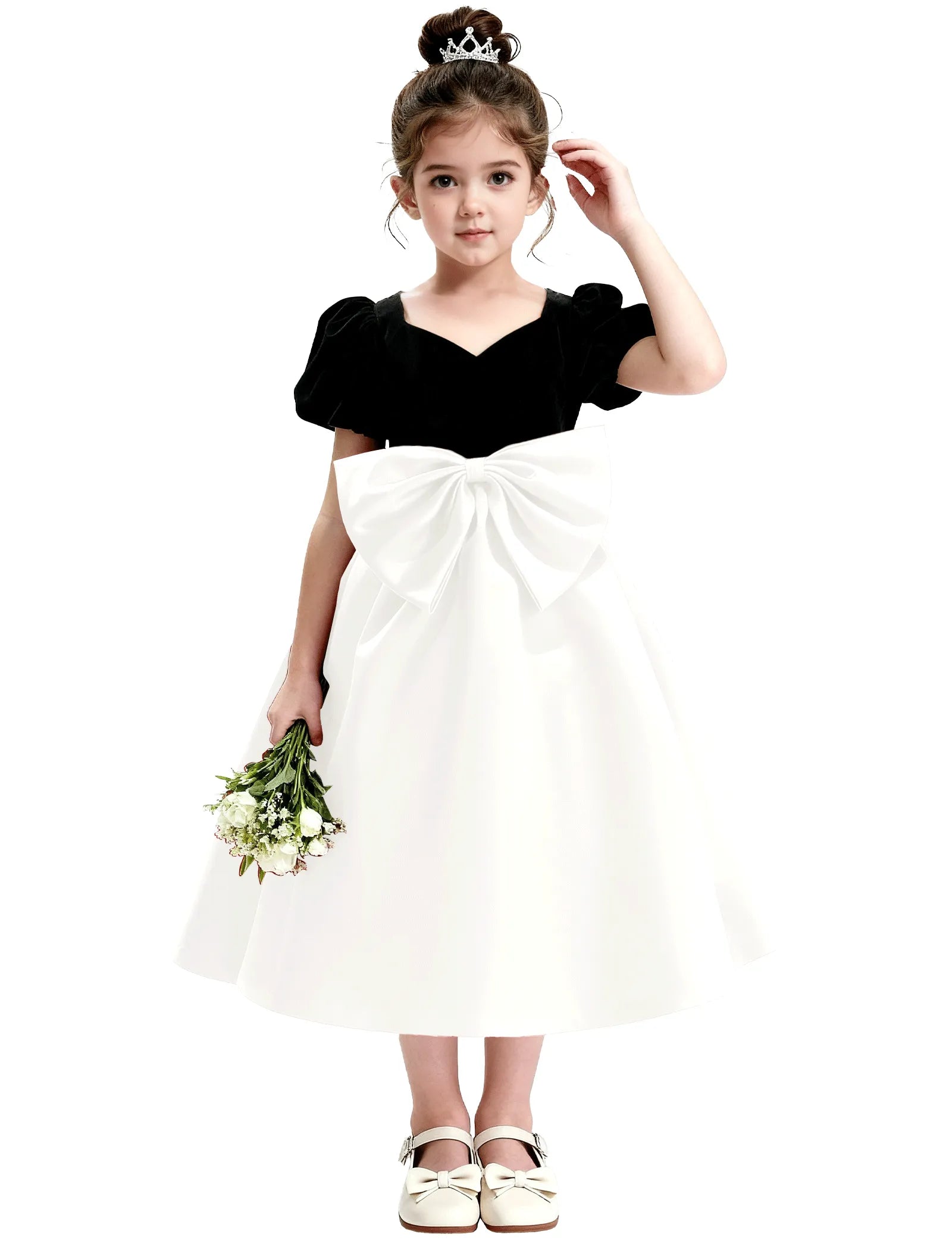 Girls Formal Dress with Puff Sleeves and Sash