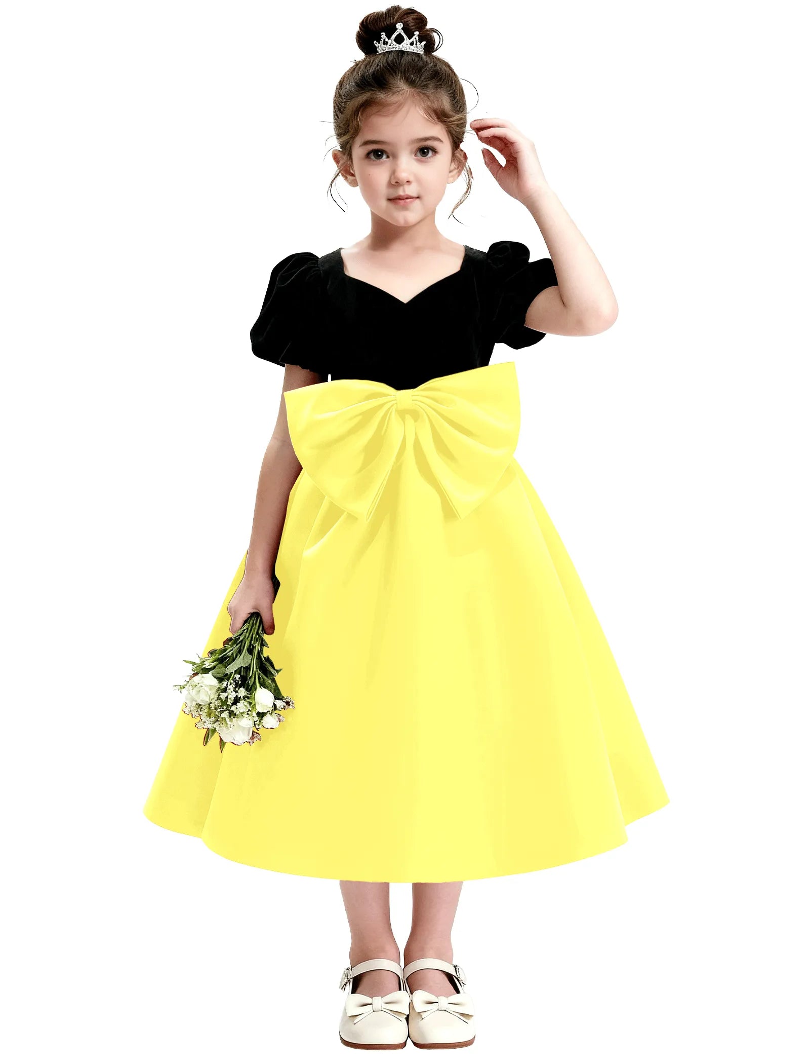 Girls Formal Dress with Puff Sleeves and Sash