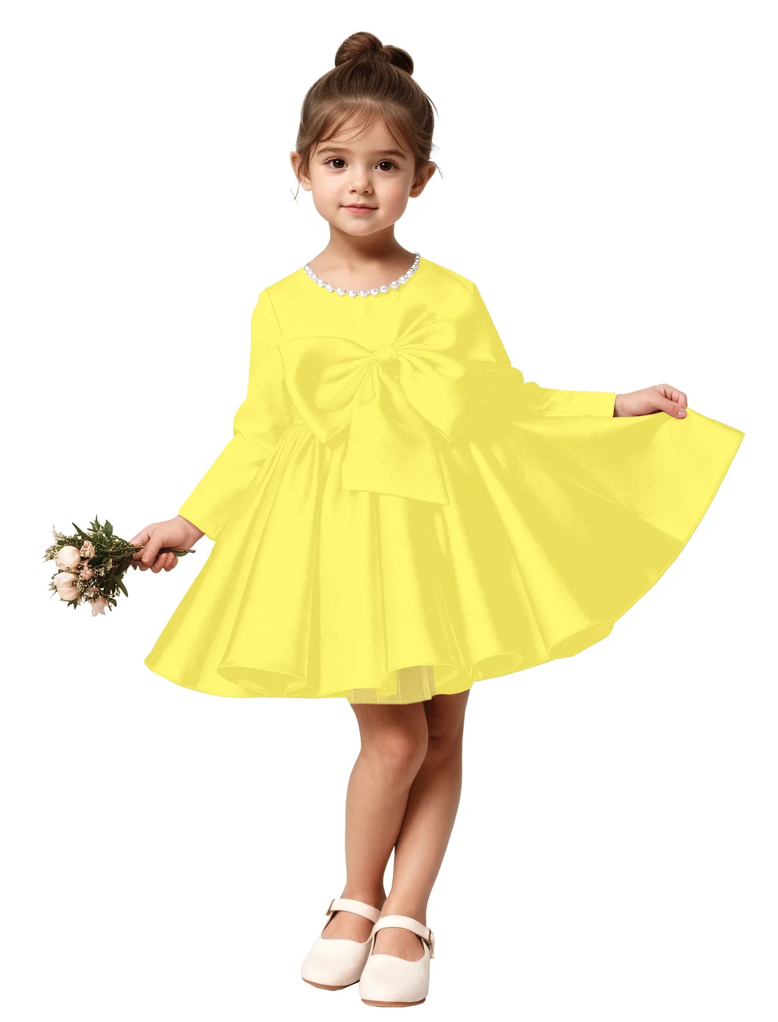 Girls Long Sleeve Satin Dress with Bow and Pearls