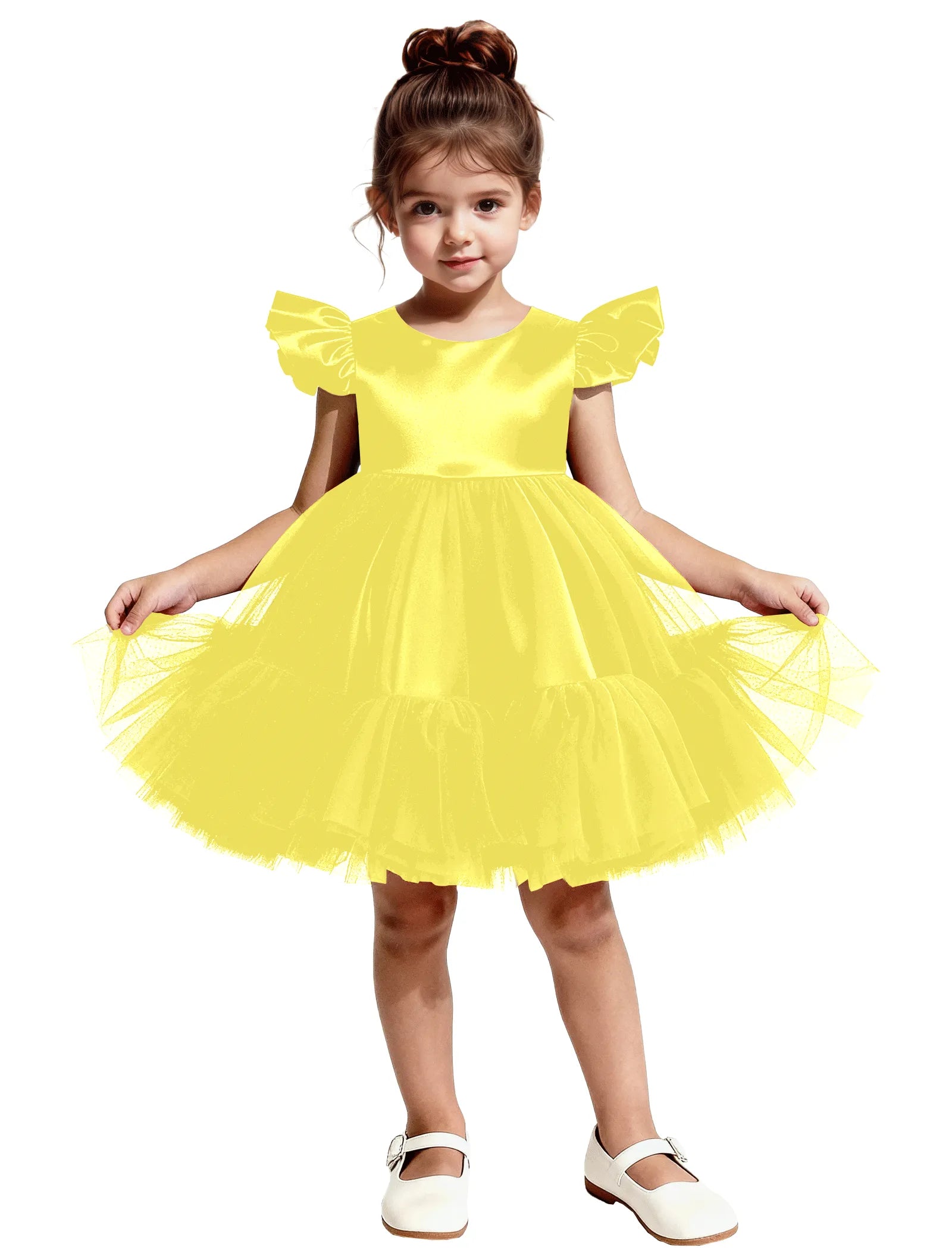 Puff Sleeve Satin Tulle Party Dress for Girls