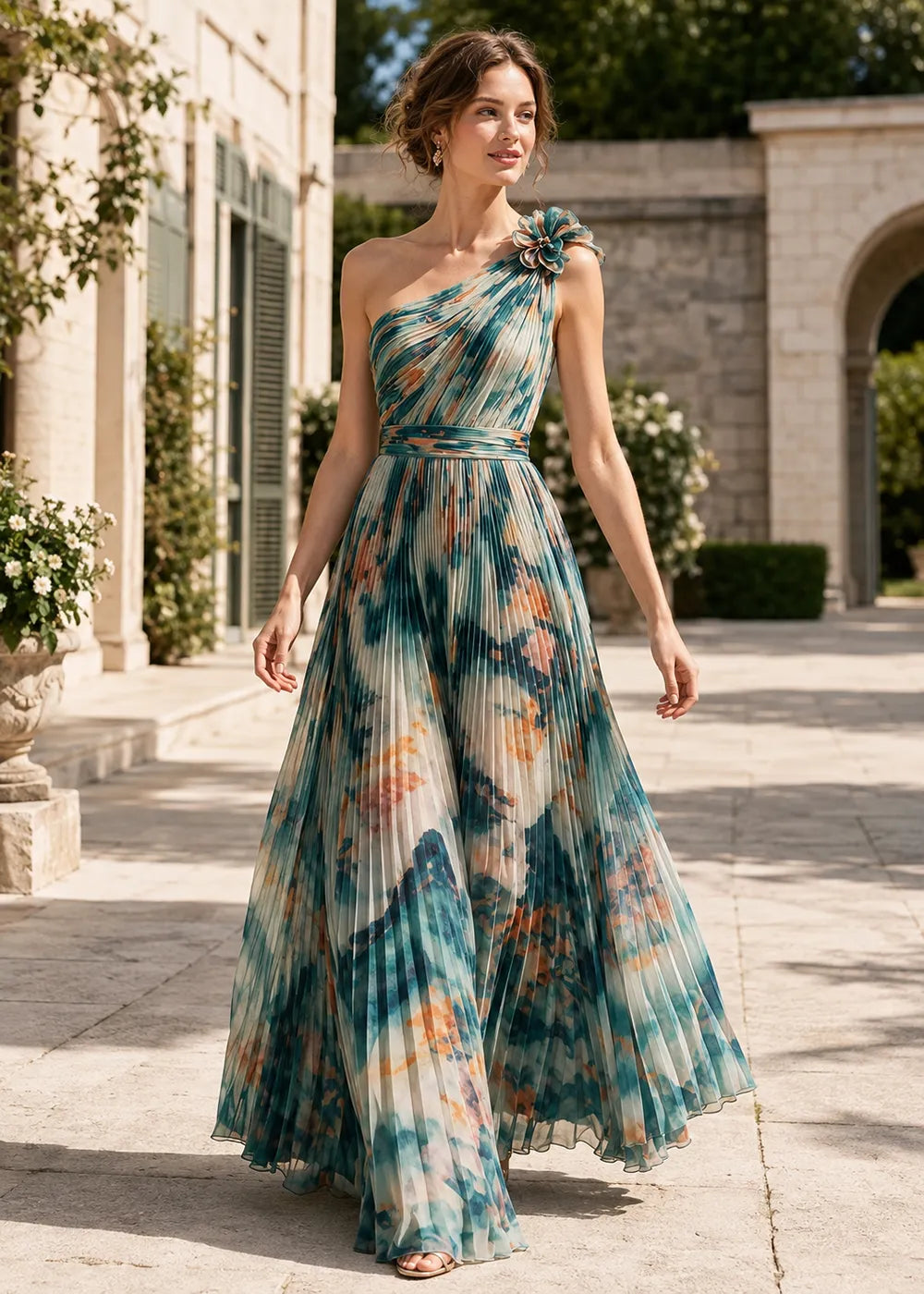 Petal One Shoulder Pleated Maxi Dress